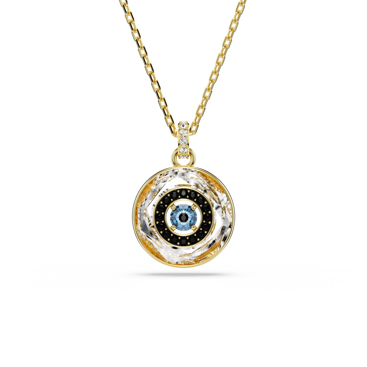Omarm positiviteit met deze Symbolica-hanger. Het sieraad met goudkleurige toplaag is een toonbeeld van de savoir-faire van Swarovski. Het boze oog is gemaakt van een facetgeslepen buitenste ring, zwarte pavé en een dansende centrale blauwe steen. Deze hanger weerkaatst het licht aan hangt aan een kralenketting met een kleine pavé schakel. Betekenisvol en fascinerend!