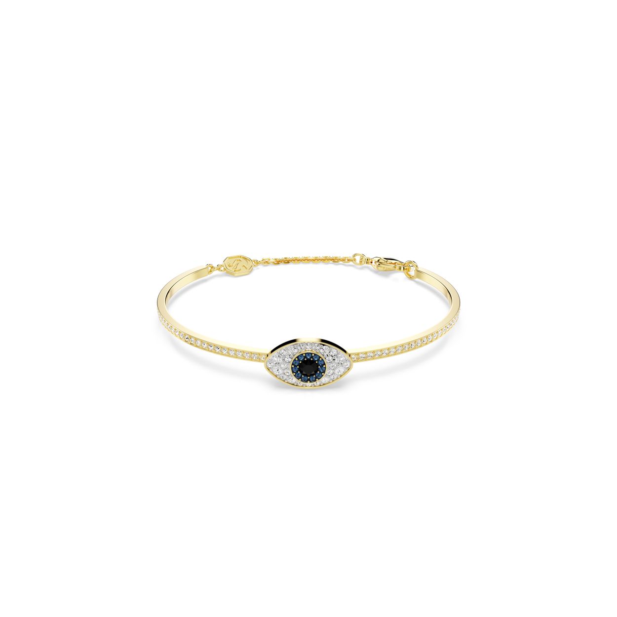 Kies voor een positieve uitstraling met deze Symbolica-armband. Het sieraad met goudkleurige toplaag is voorzien van een pavé band met het bolvormige boze oog in het midden met heldere, blauwe en zwarte pavé. De zachte sluiting zorgt voor een comfortabele pasvorm om de pols. Draag dit stuk om elke dag goede energie uit te dragen.