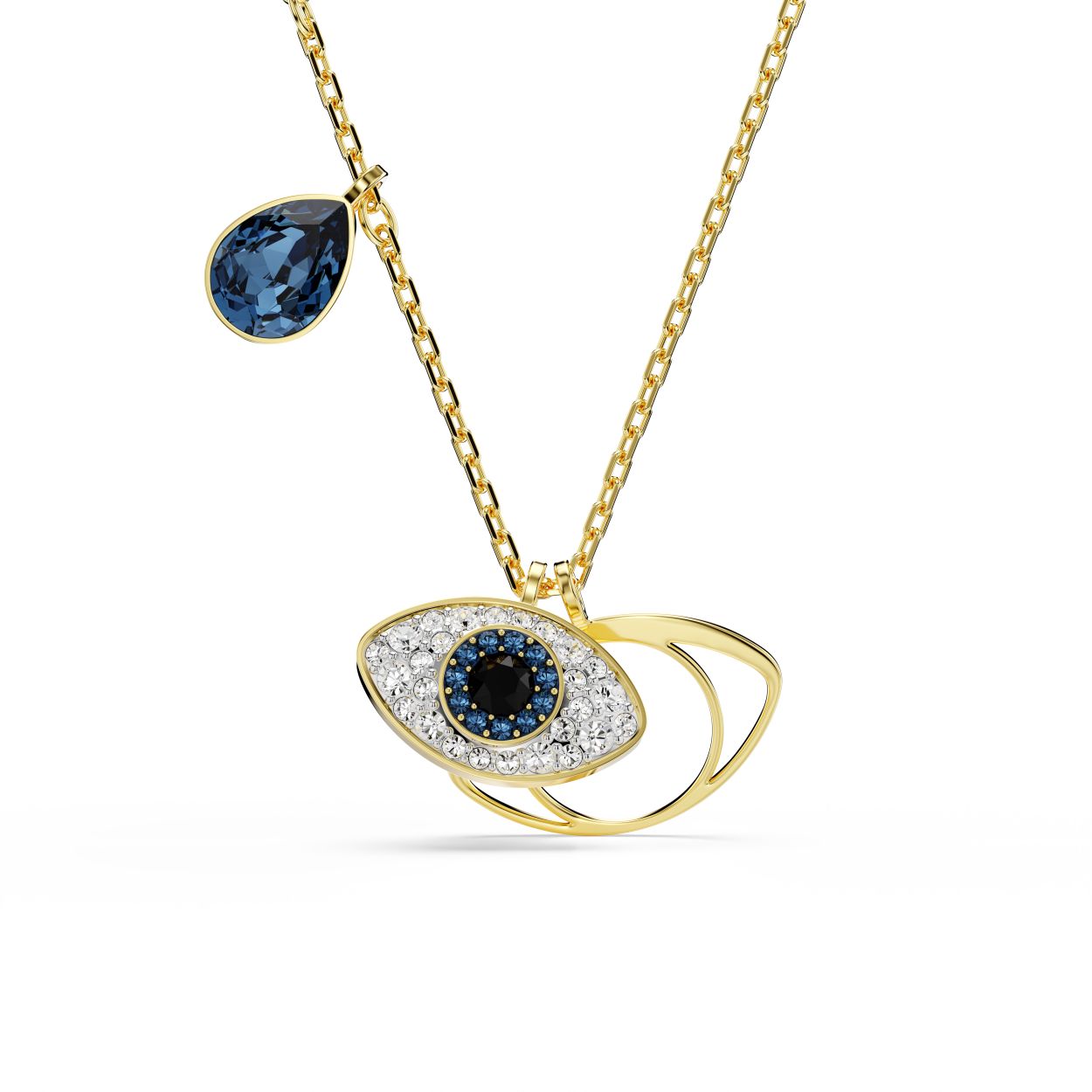 Deze mystieke Symbolica-hanger biedt zowel bescherming als stijl. Het bolvormige boze oog in blauw, zwart en helder kristal pavé is gecombineerd met een tweede exemplaar met een goudkleurige toplaag. De kralenketting versierd met donkerblauwe kristallen in Round- en Pear-slijpvorm. Draag dit sieraad om elke dag met vertrouwen in te gaan.