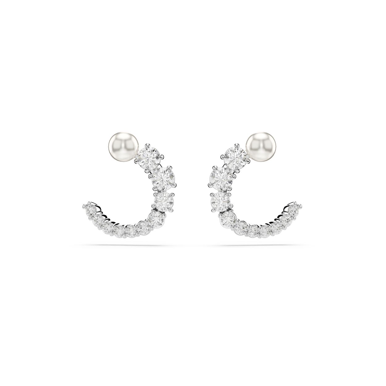 Elk detail van deze oorstekers straalt schoonheid uit. De oorknoppen met rhodium toplaag hebben een open ring bestaand uit heldere Swarovski Zirkonia in een verloop van klein tot groot. Bovenaan prijkt een witte Swarovski Crystal Pearl. Combineer ze met een bijpassende Matrix-hanger om alle aandacht te trekken.