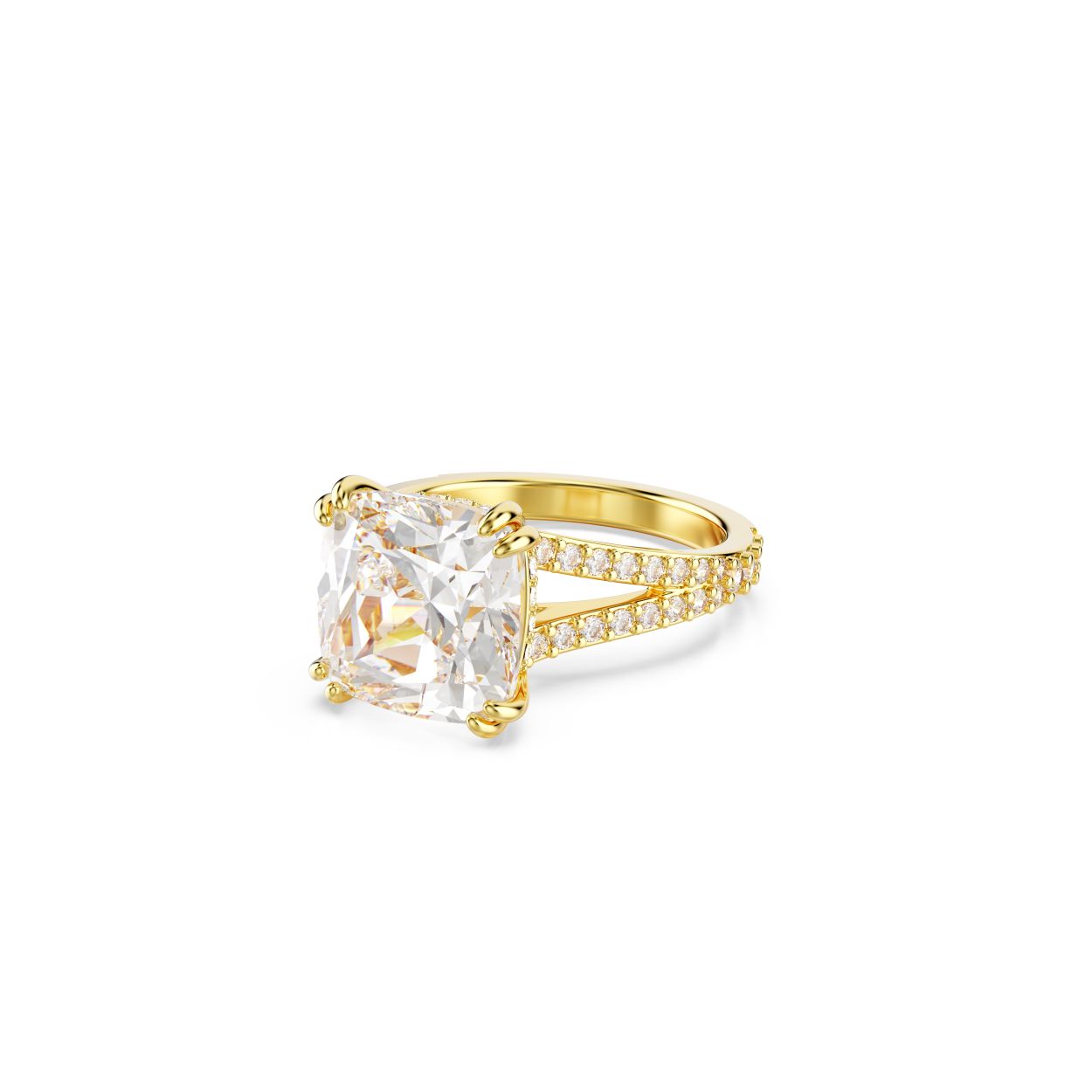 Deze spectaculaire cocktailring is gemaakt om in de spotlights te staan. Het biedt een perfect evenwicht tussen drama en verfijning met een prachtige Swarovski Zirkonia in Square-slijpvorm in dubbele klauwzetting. Het is afgewerkt met een met pavé bezette zijrand en band met goudkleurige toplaag