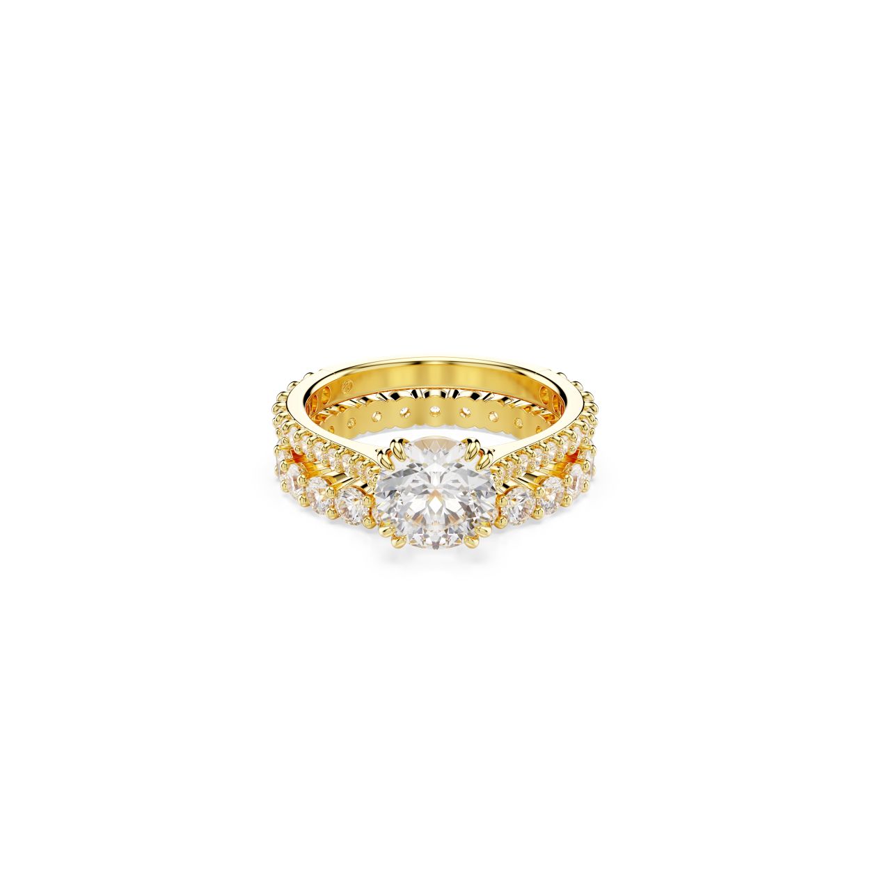 Dit spectaculaire sieraad weerspiegelt de schoonheid van de kosmos en bestaat in een eigen universum vol licht. Het ontwerp met goudkleurige toplaag combineert een bandring versierd met pavé met een solitaire-ring die ook met pavé is versierd. In het midden van de ring prijkt een grote Swarovski Zirkonia. Een stralend cadeau waarin de kenmerkende savoir-faire van Swarovski prachtig tot uiting komt.