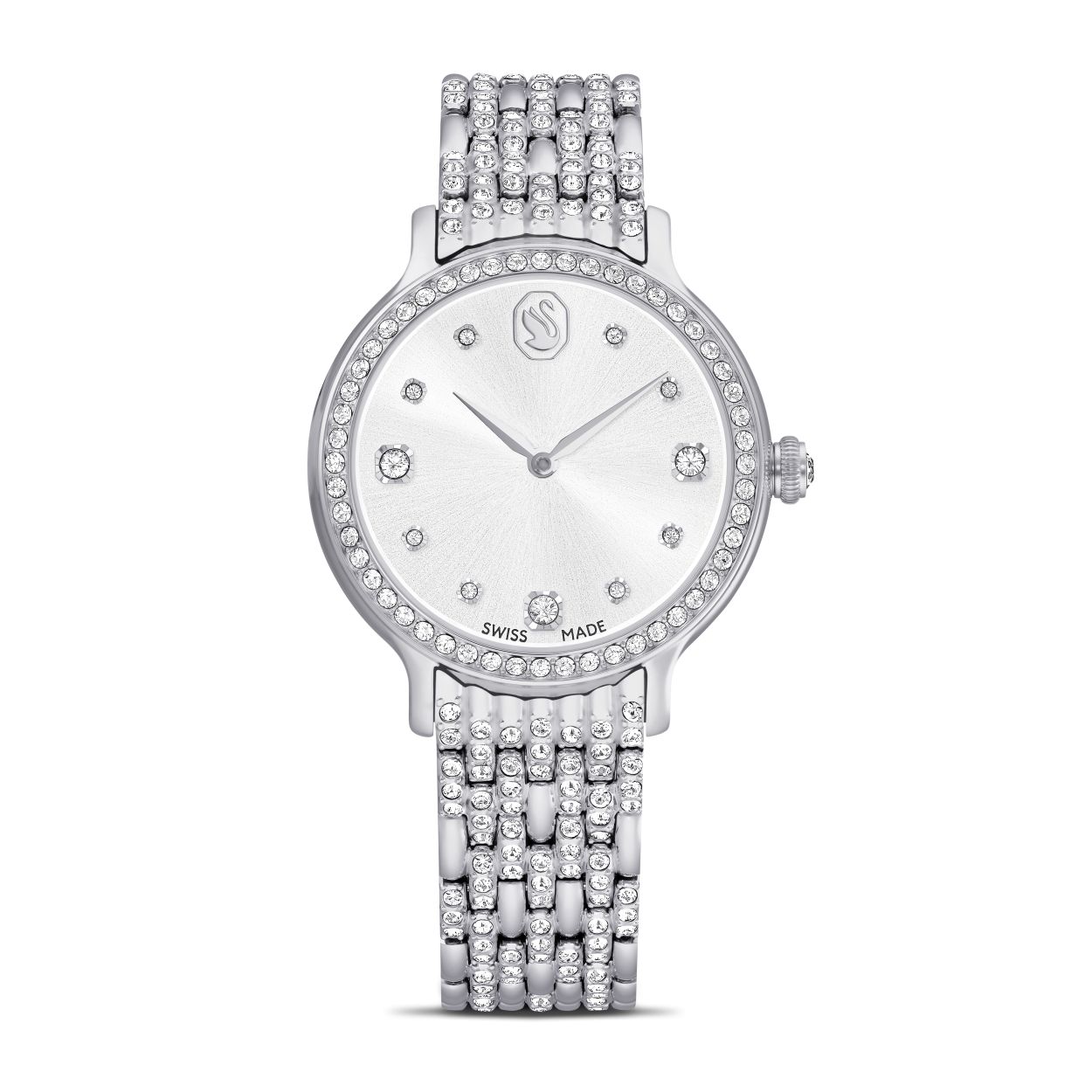 Dit glinsterende Imber-horloge, versierd met 232 individuele kristallen, is Swarovski’s mooiste uitdrukking van tijdloze elegantie. Het edelstalen ontwerp van 31 mm is voorzien van een pavé lunette bezet met 52 heldere kristallen en in de kroon is nog een extra kristal geplaatst. Op de wijzerplaat met zonnestralenpatroon zijn 11 kristallen in kleine en grote maten gebruikt om de uren aan te geven, samen met een zwaanlogo op 12 uur. Om de pols is het meest opvallende kenmerk van het horloge de verstelbare armband met zeven schakels, die prachtig bezet is met 168 kristallen in Round-slijpvorm. Dit Swiss Made horloge is waterbestendig tot 50 meter en past naadloos bij de selectie Imber-sieraden van Swarovski.

Artikelnr.: 5693634
Collectie:  Imber
Grootte van de kast: 31 x 31 mm
Dikte van de kast: 8 mm
Draaglengte band (minimaal - maximaal): 14.3 - 16.6 cm
Bandbreedte: 1.4 cm
Materiaal:  Kristallen, Roestvrij staal
Kleur:  Zilverkleurig
Type sluiting:  Vlindersluiting
Materiaal van de band:  Metaal
Made in:  Zwitserland
Mechanisme:  Kwarts