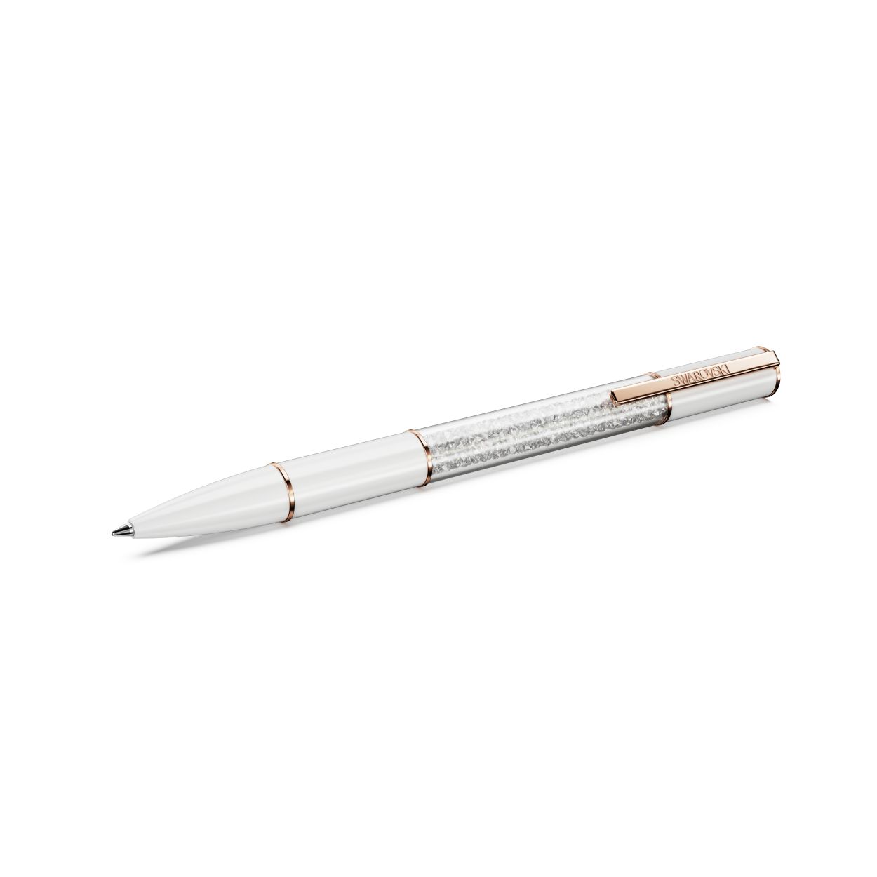 De Crystalline Lustre-balpen combineert creativiteit met luxe. Dit opvallende schrijfinstrument heeft een witte ronde huls met roségoudkleurige accenten, waaronder een functionele clip waarin de naam Swarovski is gegraveerd. In het midden is dit opvallende ontwerp verfraaid met ongeveer 480 glinsterende kristallen, die stuk voor stuk minutieus zijn toegevoegd met behulp van de iconische Crystalline-techniek. Een opvallende verschijning op uw bureau of een bijzonder cadeau voor de schrijvers in uw leven.