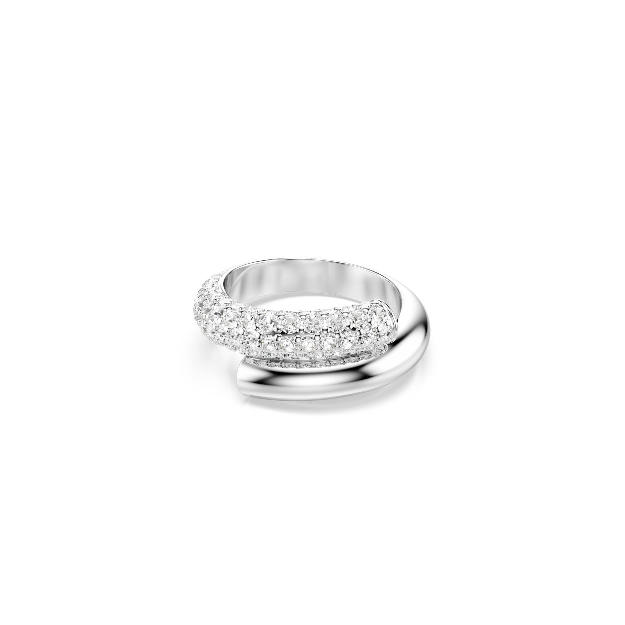 De schoonheid van deze technisch verfijnde Dextera-ring is te zien in elk detail. Het buisvormige ontwerp heeft een rhodium toplaag en is voor de helft ingelegd met een oogverblindend pavé van heldere kristallen. Combineer met een contrasterende goudkleurige ring voor een onconventionele look.