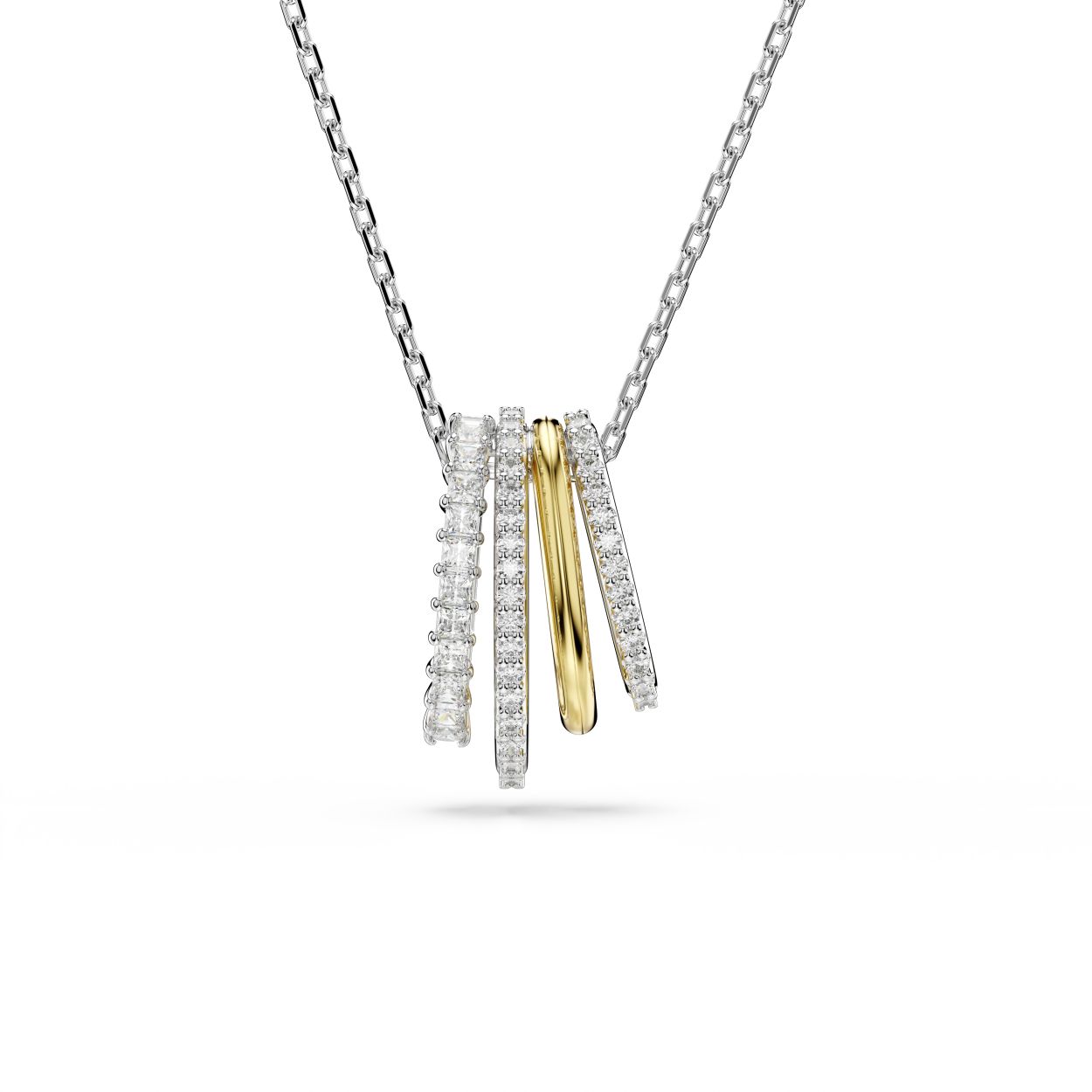 Deze opvallende Hyperbola-hanger combineert meerdere tinten en technieken om een onderscheidende kijk op verfijnde luxe te creëren. Aan een elegante ketting hangen vier miniringen voorzien van een goudkleurige en rhodium toplaag. Hierin prijken Swarovski Zirkonia in Round- en Square-slijpvorm in een klauwzetting. Draag jet met een bijpassende armband of oorbellen voor maximale glamour.