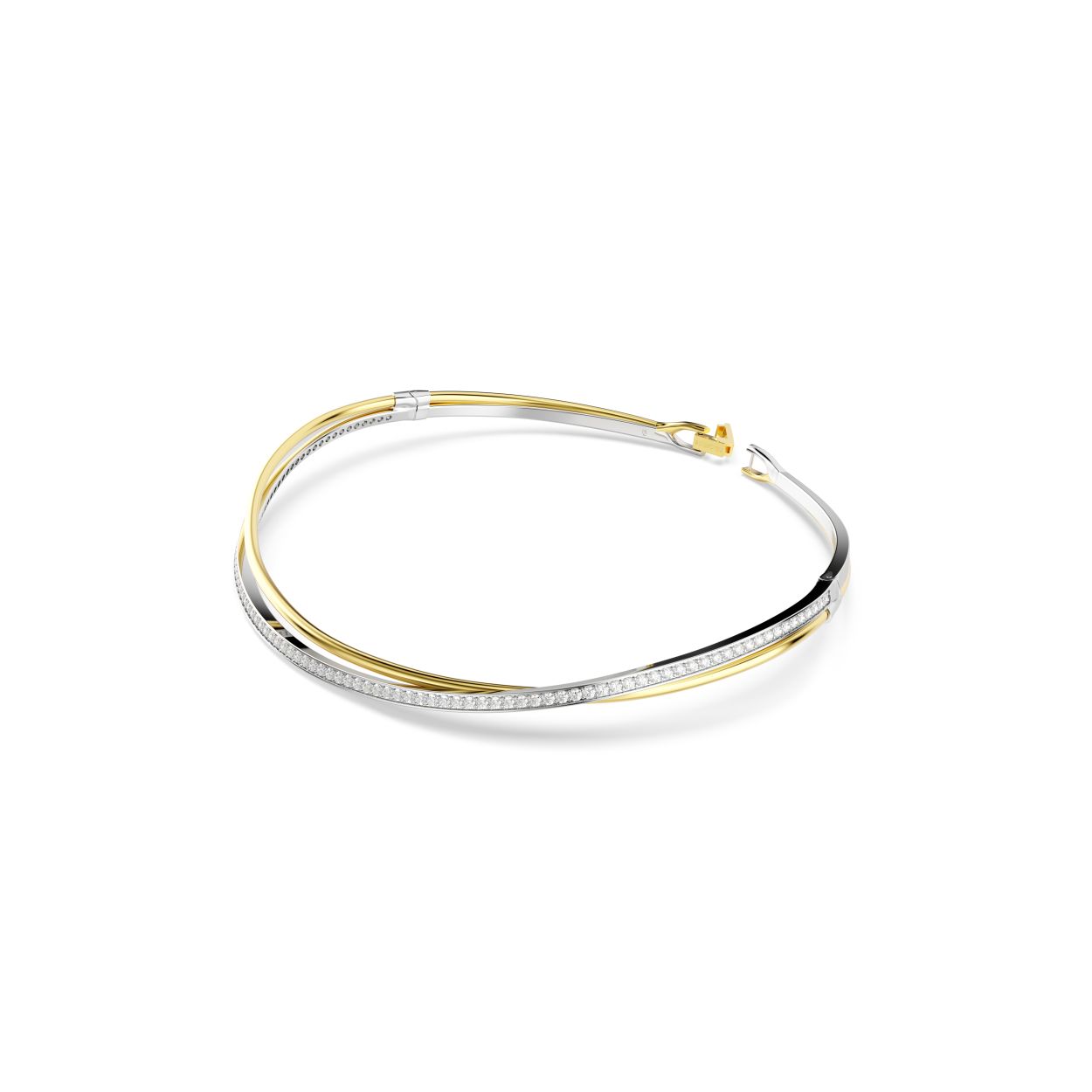 Deze verfijnde Swarovski-ketting biedt een dubbele dosis luxe en heeft twee overlappende banden in contrasterende kleuren. Een goudkleurige streng is verweven met een streng met rhodium toplaag en versierd met Swarovski Zirkonia in Round-slijpvorm in een stralende sponningzetting. Een fascinerende combinatie van gemengde metalen die prachtig samengaat met de bijpassende Hyperbola-serie.
Artikelnr.: 5702408
Collectie:  Hyperbola
Lengte: 35.1 cm
Breedte: 1 cm
Binnenste diameters: 12 x 10.3 cm
Afstand opening: 10 cm
Materiaal:  Gemengde metalen afwerking, Zirkonia
Kleur:  Wit
Type sluiting:  Vouwbare sluiting