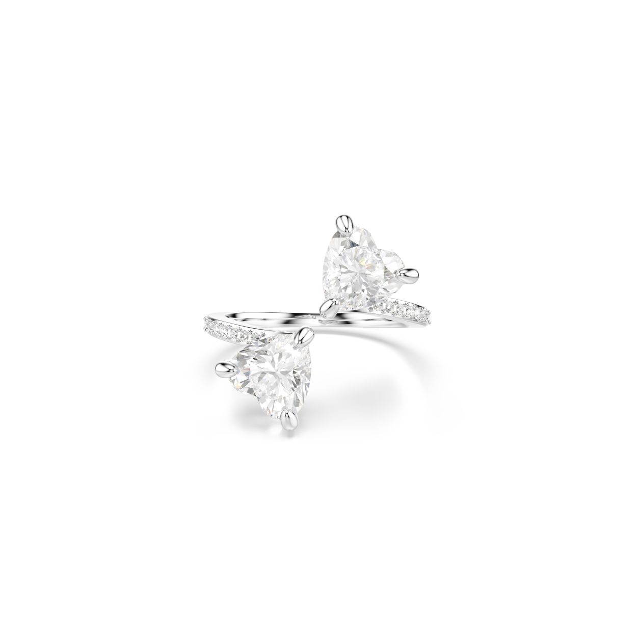 Deze Swarovski-ring met zilverkleurige afwerking is geinspireerd op het idee van twee harten die samenkomen. Het verbeeldt de romantiek met twee hartvormige, fijn geslepen stenen die in het midden samenkomen. Het glanzende wit van de stenen wordt nog benadrukt door een eenvoudig, maar elegant design. De tijdloze symboliek van deze Swarovski-ring maakt hem tot het perfecte cadeau voor een speciale geliefde.