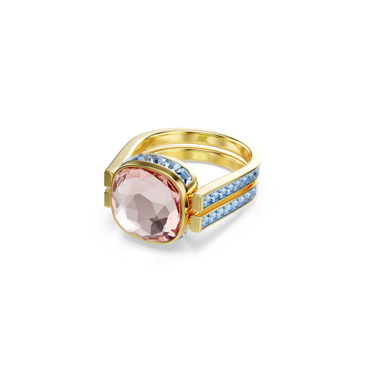 Verander van kleur wanneer u daar zin in heeft met deze veelzijdige Chroma Twist-ring. Op de band met goudkleurige toplaag prijkt een groen Swarovski ReCreated� crystal, dat eenvoudig kan worden gedraaid om het roze kristal aan de andere kant te onthullen. Kleinere blauwe Swarovski ReCreated� crystals sieren het ontwerp. Speel met deze vreugdevolle cocktailring en kies elke dag de kleur die bij uw stemming past. Chroma Twist-sieraden bevatten ten minste 50% Swarovski ReCreated� crystals. Het is onze eerste collectie die is ontworpen met circulariteit in gedachten.