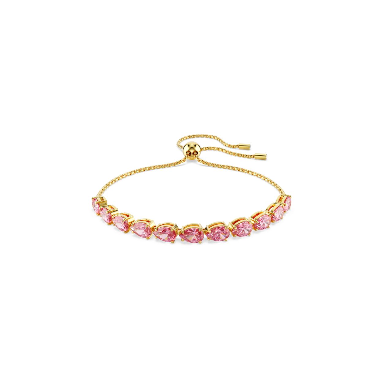 Swarovski flair voor creativiteit straalt van deze stralende en speelse armband. Het ontwerp met goudkleurige toplaag is voorzien van een schuifsluiting en versierd met een rij Swarovski Zirkonia in de Pear-slijpvorm, in een romantische roze kleur en elk gezet in een klauwzetting. Perfect om te combineren met andere armbanden en zo uw eigen stijlverhaal te vertellen.