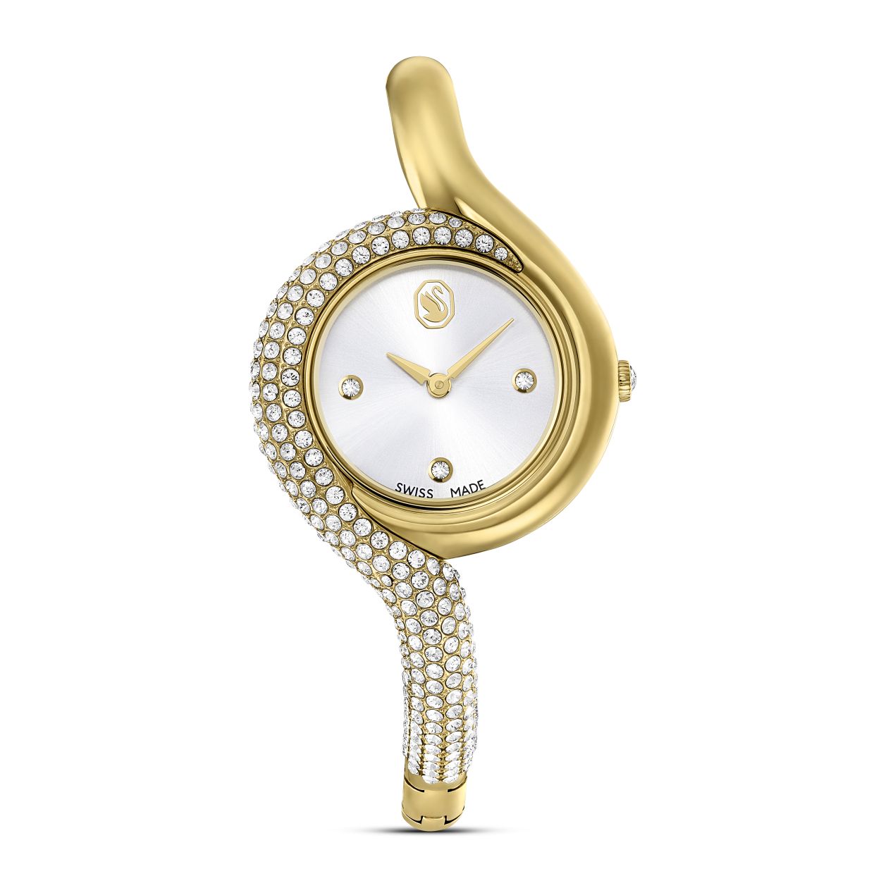 Dit fascinerende Dextera-horloge is ge�nspireerd op de klassieke uurwerken uit een vintage tijdperk. Het edelstalen ontwerp van 29 mm heeft een goudkleurige afwerking en is creatief versierd met een pav� van heldere kristallen over de helft van de bezel en de helft van de armband. De minimalistische wijzerplaat heeft een zonnestraleneffect wordt alleen geaccentueerd door drie kristallen uurmarkeringen en een zwaanlogo op 12 uur. Er zijn in totaal 203 kristallen gebruikt bij de creatie van dit horloge, inclusief het kristal in de kroon. Dit Swiss Made horloge is waterbestendig tot 50 meter en is een pure uiting van de verfijning van Swarovski.