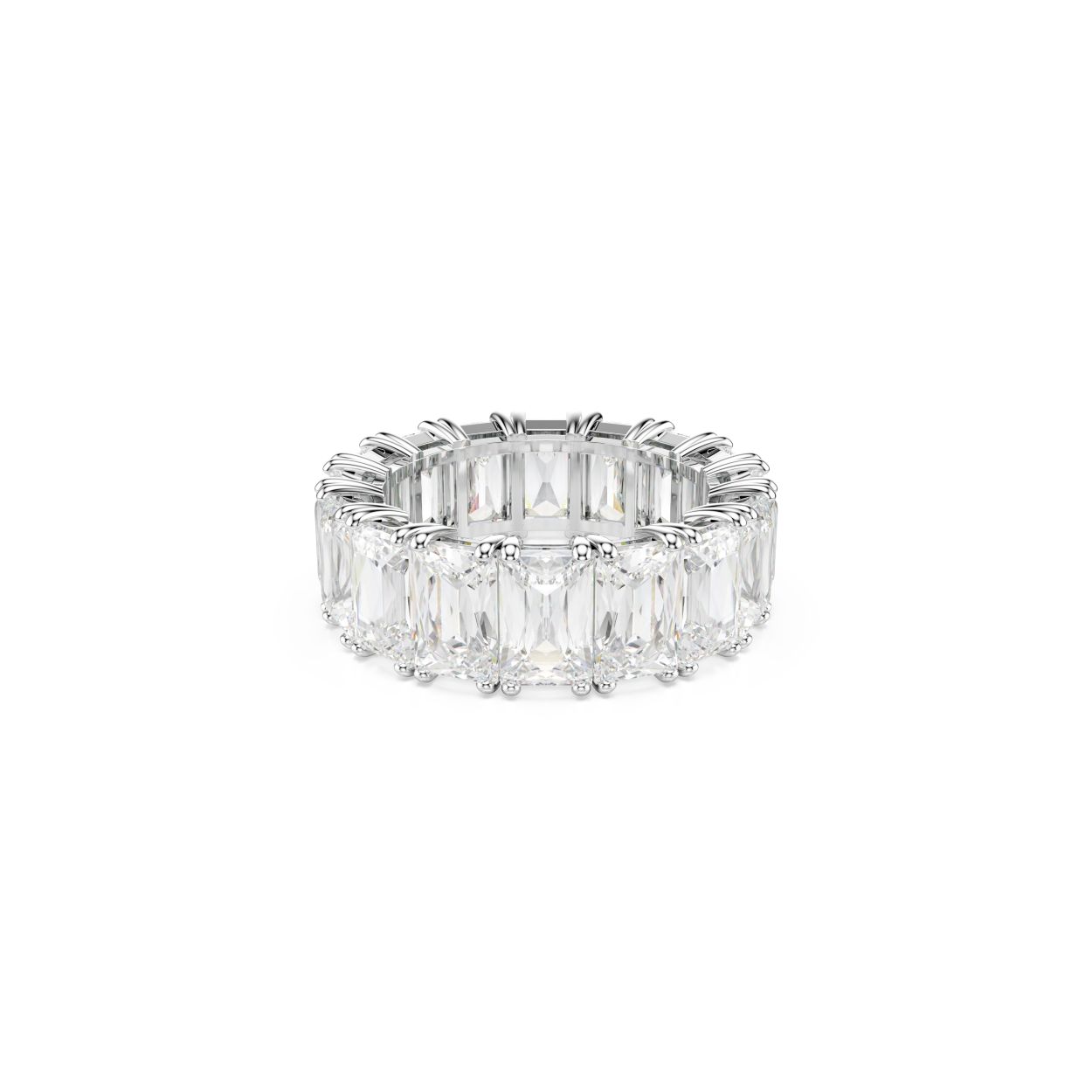 Deze ring van Swarovski onderscheidt zich door een opvallende, elegante look. Een rij glimmende witte kristallen, in een gefacetteerde, rechthoekige vorm gesneden, geeft hem een verfijnde eenvoudige uitstraling. De ononderbroken lijn van sprankelende kristallen definieert het karakter van het design en past goed bij even elegante sieraden, vooral andere ringen om een ??aantrekkelijke en trendy gestapelde look te creeren. Een geweldige match voor speciale gelegenheden en een geinspireerd cadeau-idee.