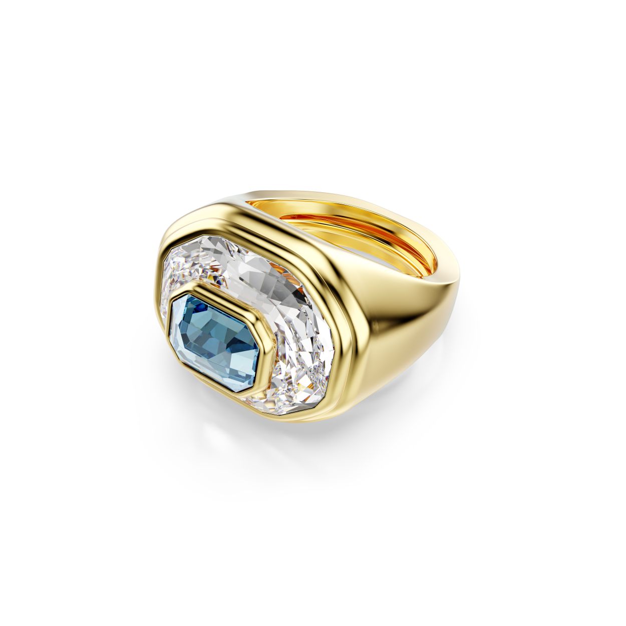 Straal onverschrokken glans uit met deze creatieve Chroma-ring. De facetgeslepen ring met goudkleurige toplaag is voorzien van een centraal blauw kristal in Octagon-slijpvorm, dat bovenop een tweede helder kristal in een groter formaat is geplaatst. De combinatie van kleur en schittering geeft elke outfit een perfect accent in Swarovski-stijl. Deze verstelbare ring heeft een speciaal mechanisme om de maat te veranderen, zodat u de ring om elke vinger kunt dragen. Als u maat 55 en kleiner nodig hebt, raden wij u aan om voor maat 50-55 te gaan. Als u maat 55 en groter nodig hebt, raden wij u aan om voor maat 55-60 te gaan.