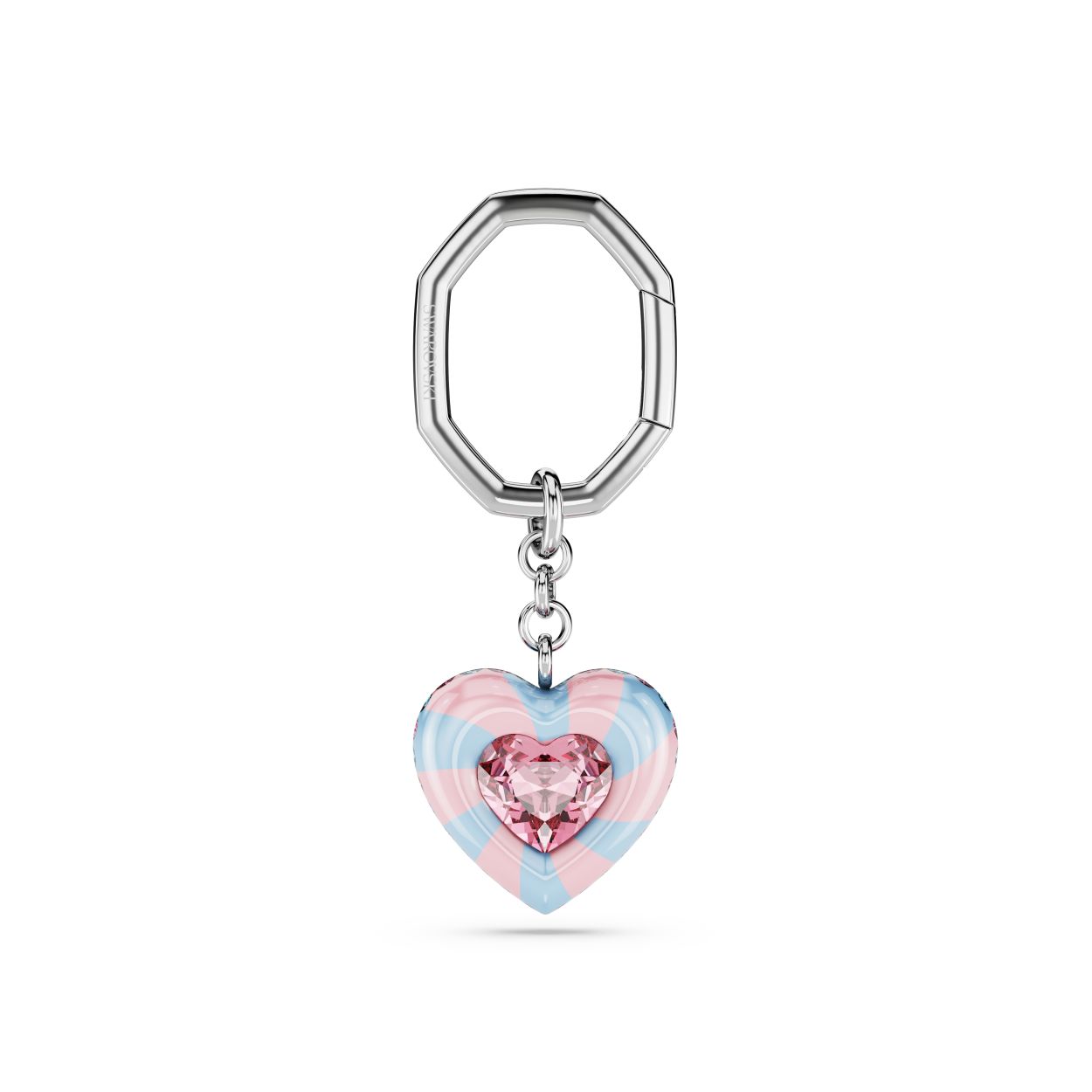 Deze snoepkleurige sleutelhanger is geïnspireerd op de Dulcis-lijn en is gemaakt voor een stijl vol vreugde. Het hartvormige motief is bevestigd aan een schakel met rhodium toplaag en is versierd met speelse strepen, een groot centraal kristal en meer blauwe en roze kristallen rond de randen. De sleutelhanger is perfect om uw eigen Dulcis-sieraden te accentueren, of het perfecte cadeau om iemands verjaardag op te fleuren.