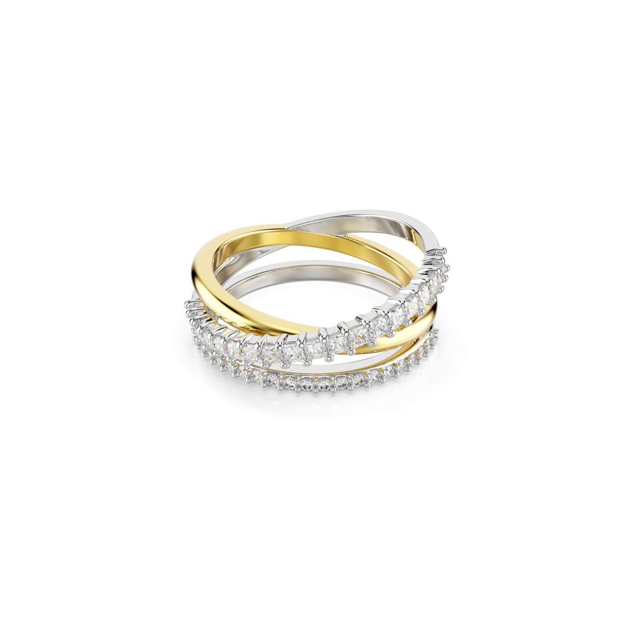 Deze gedraaide Hyperbola-ring integreert meerdere stijlen in een prachtig en complex ontwerp. De ring bestaat uit drie banden in een mix van goudkleurige en zilverkleurige afwerking. Hierin prijken Swarovski Zirkonia in Round- en Square-slijpvorm in een klauwzetting. De perfecte keuze voor wie hun eigen stijlregels bepaalt.