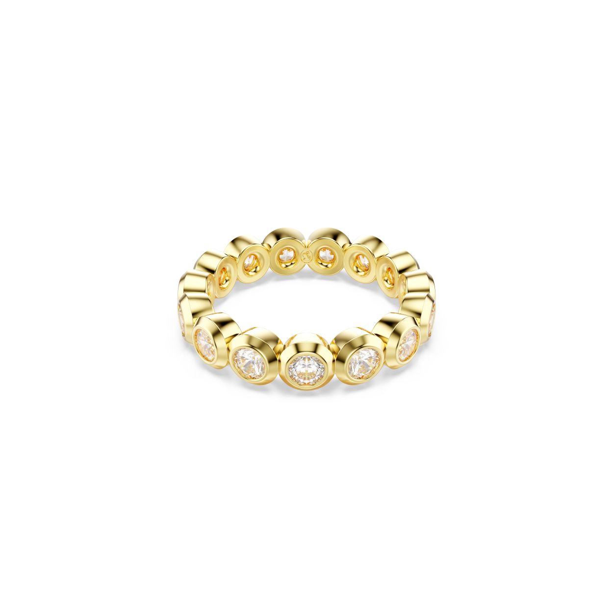 Deze schitterende Imber-ring, die lijkt op een halo van licht, heeft een goudkleurige toplaag en is meesterlijk versierd met een volledige cirkel Swarovski Zirkonia in Round-slijpvorm, elk in een moderne bezelzetting. Een opvallende aanvulling op elke outfit, die dag en nacht voor moeiteloze glamour zorgt.