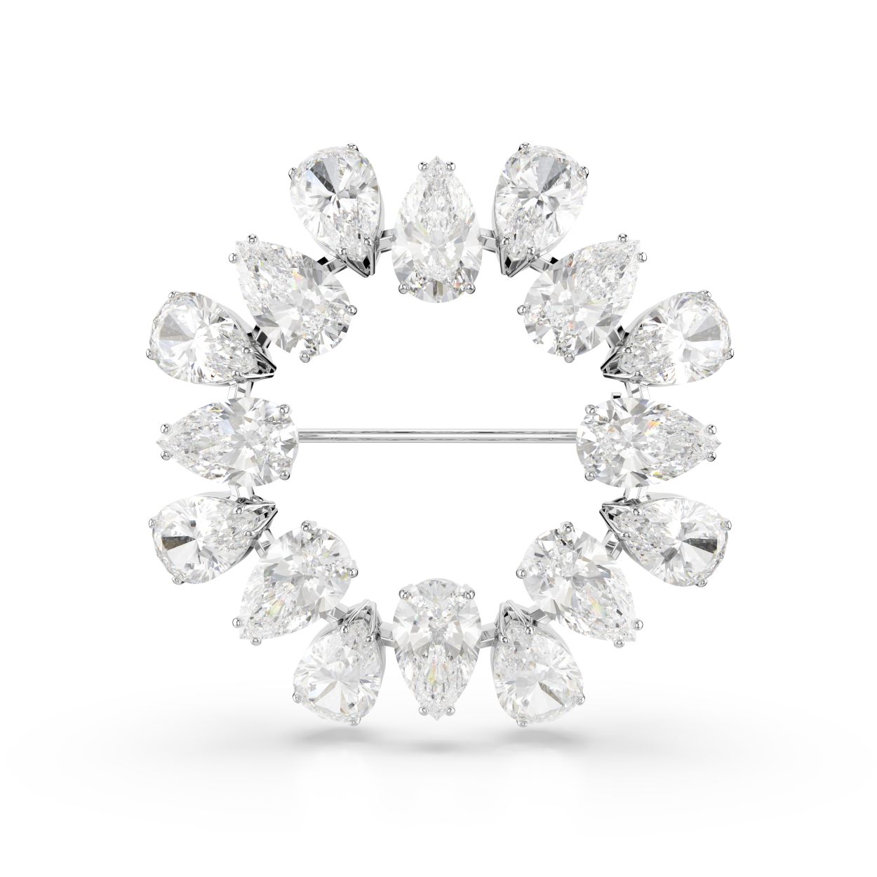 Deze stralende lichtkrans is de perfecte accessoire om uw stijl te doen oplichten. Het ontwerp met rhodium toplaag bestaat uit een cirkel van Swarovski Zirkonia in de Pear-slijpvorm, uitgevoerd in een heldere tint met afwisselende richtingen voor een prachtig effect. Draag het samen met andere Matrix-sieraden om de elegantie te accentueren.