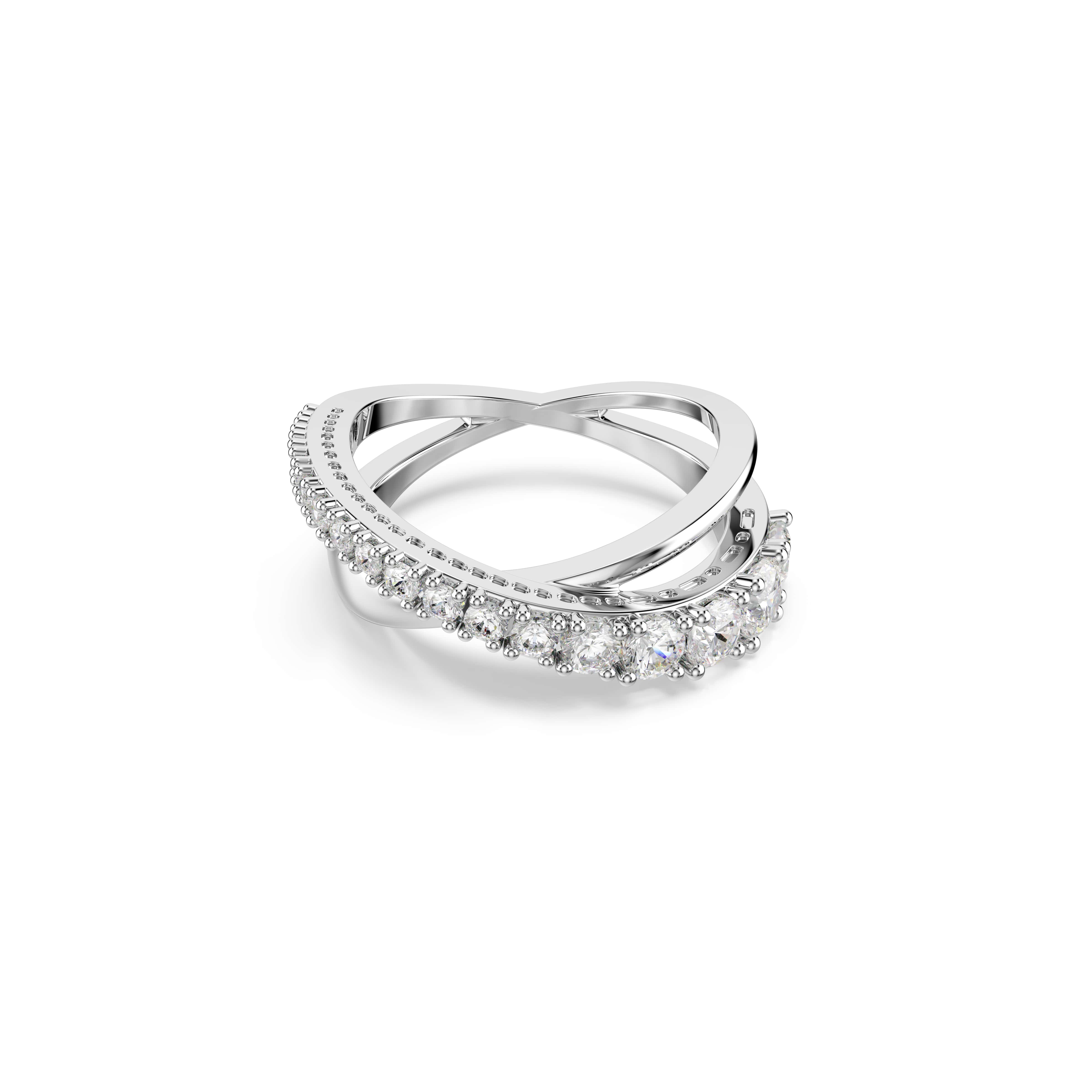 Deze Swarovski-ring is een ge&iuml;nspireerde interpretatie van de spiraaltrend. Twee glinsterende banden vloeien elegant in elkaar over, waarbij de ene is bezet met een pav&eacute; van heldere kristallen in een kleurverloop, en de andere een pure metalen vorm heeft. Deze ring is een stralende keuze voor elke dag en kan elke look verfraaien met een vleugje schittering.