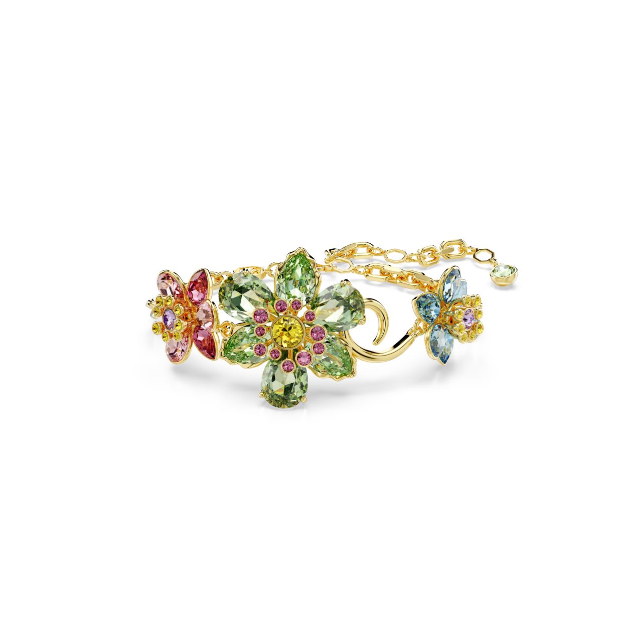 Omarm de flower power van deze moderne en vreugdevolle armband. Het spiraalvormige sieraad met goudkleurige toplaag is versierd met kristallen in verschillende vormen en tinten, wat zorgt voor een stralend effect dat is geinspireerd op de natuur. Combineer deze armband met een bijpassende ring voor een instant dosis positieve energie.