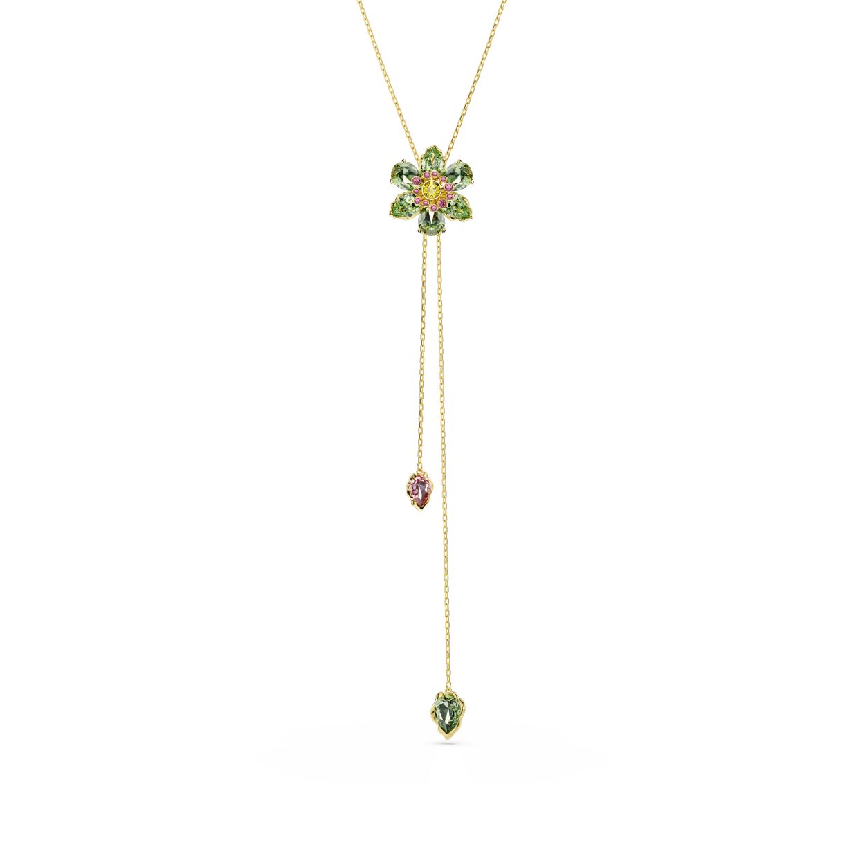 Kies voor magie en verwondering met deze stralende hanger in Y-vorm uit de Idyllia-tuin. Het centrale motief, dat aan een delicate ketting hangt, heeft de vorm van een bloem met heldergroene bloemblaadjes in verschillende vormen en tinten. Daaronder hangen twee extra kristallen in roze en groen, terwijl u de pasvorm eenvoudig kunt aanpassen met het schuifmechanisme. Een vreugdevolle manier om uw stijl te verfraaien of een speels cadeau voor iemand die u dierbaar is.