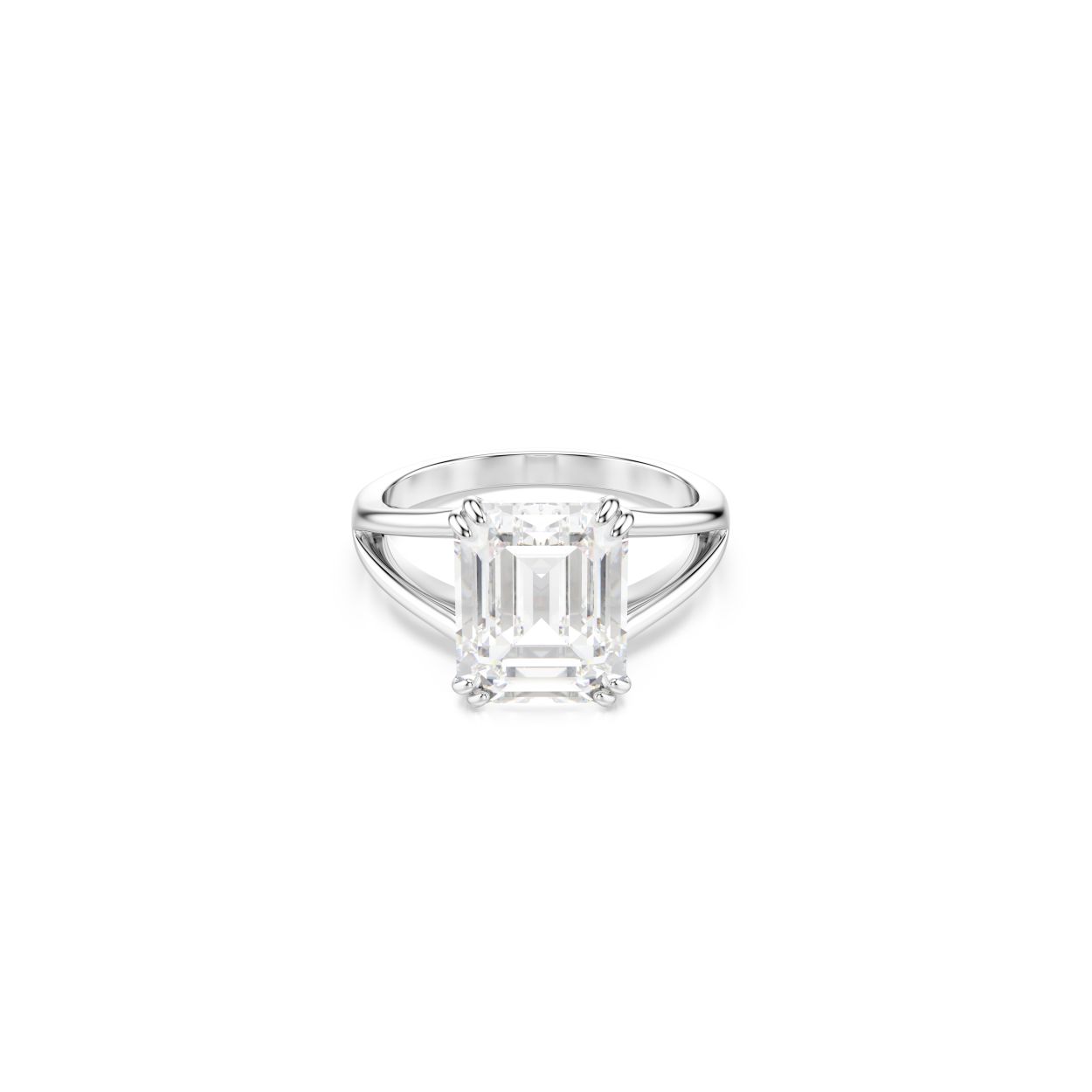 Voeg een vleugje extra glamour toe met deze oogverblindende cocktailring. Het ontwerp met zilverkleurige afwerking bestaat uit een gespleten band met in het midden een Swarovski Zirkonia in Octagon-slijpvorm in een verfijnde dubbele klauwzetting. Een pronkstuk dat fantastisch schittert.