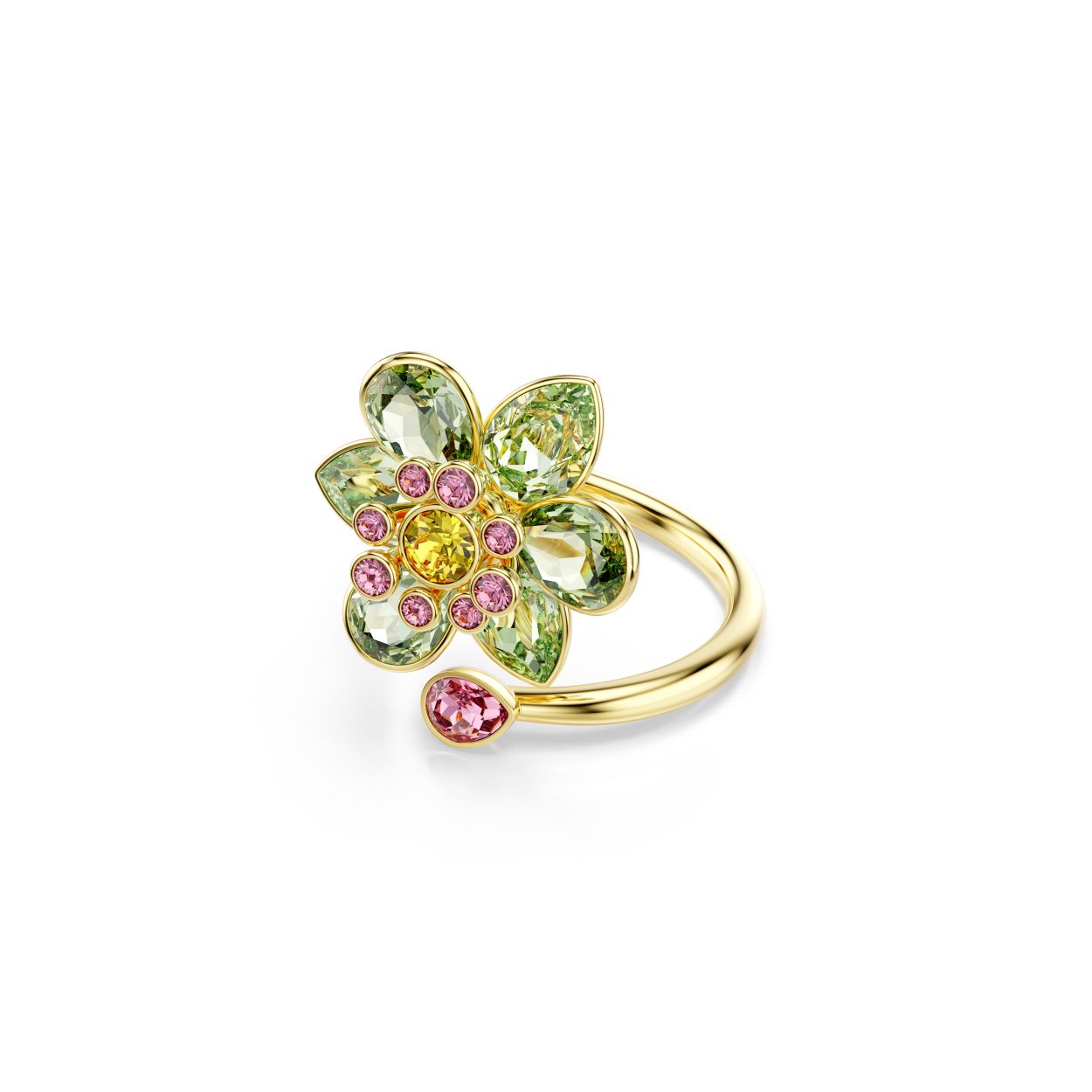 Til u op de natuur geïnspireerde stijl naar een hoger niveau met deze schitterende ring met motief. De band met goudkleurige toplaag wikkelt zich om de vinger met in het midden een bloem gemaakt van groene, roze en gele kristallen. De verschillende vormen en tinten zorgen ervoor dat er magie te vinden is in elk detail. Combineer deze ring met een bijpassende Idyllia-hanger voor een complete look vol kleur en vrolijkheid.