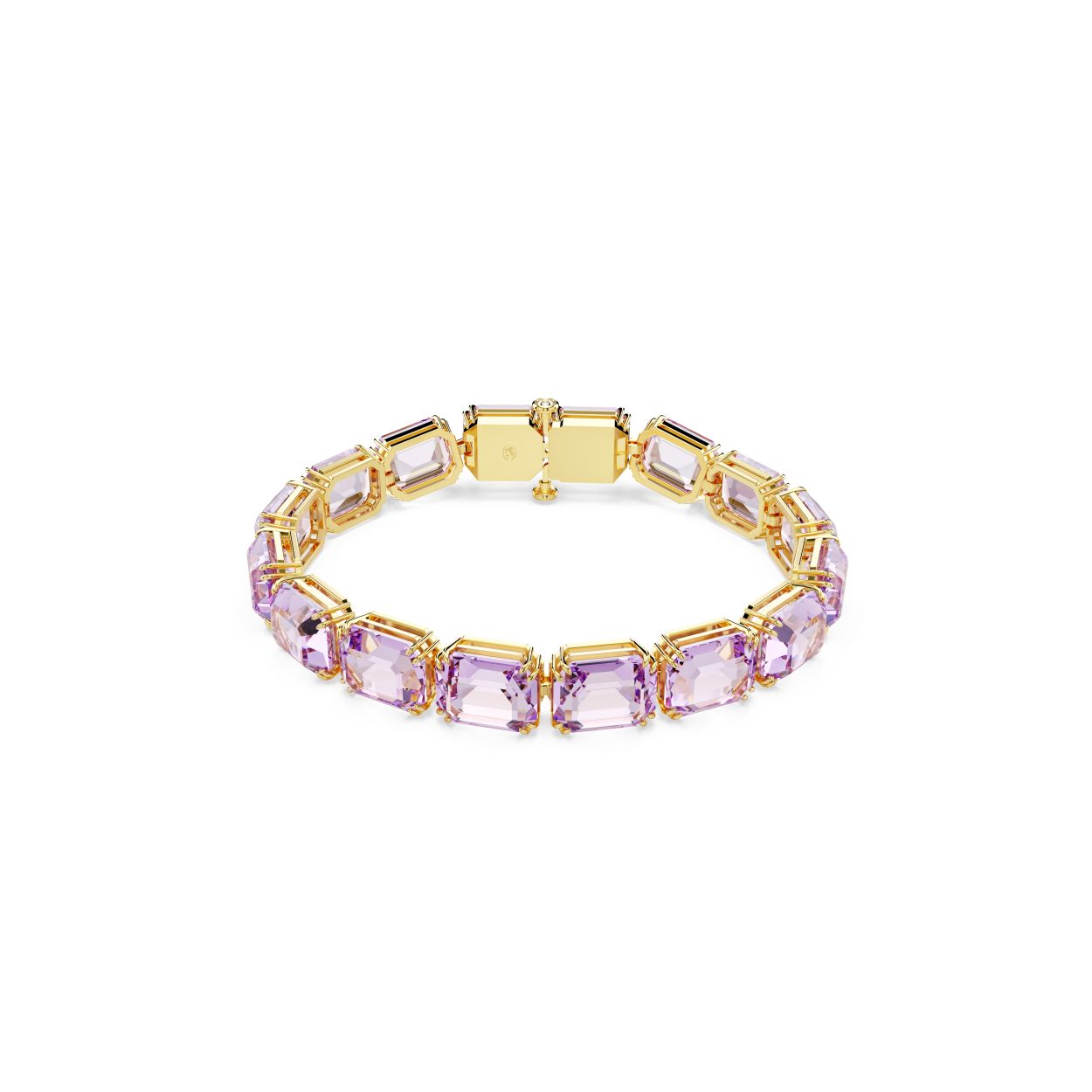 Deze schitterende Millenia-armband straalt licht en levendige kleuren uit en trekt de aandacht. Het all-round ontwerp met goudkleurige toplaag wordt tot leven gebracht door een majestueuze decoratie van kristallen in Octagon-slijpvorm in een paarse tint. Een pure uitdrukking van vreugde die gemakkelijk gecombineerd kan worden met een bijpassende choker of ketting.