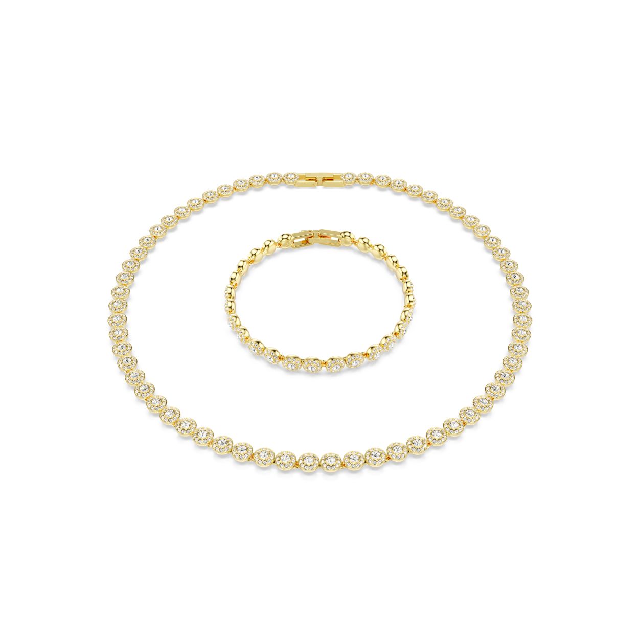 Deze set met goudkleurige toplaag, dat luxe ademt in al uw stijlen, is gemaakt om te stralen. Elk stuk is voorzien van een rijke omlijsting van kristallen in Round-slijpvorm, elk omlijst door een halo van heldere pavé. Dit geldt ook voor de verfijnde motieven op zowel de ketting als de armband. De vouwsluitingen zorgen voor een naadloze afwerking, terwijl u de sieraden kunt aanpassen aan uw comfort en maat dankzij de extra verlengers. Draag deze stukken bij elkaar wanneer u behoefte heeft aan een look vol glamour.

Artikelnr.: 5720506
Collectie:  Una Angelic
Ketting lengte: 38 - 40 cm
Bracelet length: 16.5 - 19 cm
Breedte: 0.6 cm
Materiaal:  Kristallen, Goudkleurige toplaag
Kleur:  Wit
Type sluiting:  Vouwbare sluiting