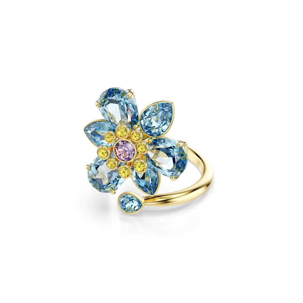 Til uw op de natuur geïnspireerde stijl naar een hoger niveau met deze schitterende ring met motief. De band met goudkleurige toplaag slingert zich rond de vinger met in het midden een bloem vervaardigd uit blauwe en gele kristallen. De verschillende vormen en tinten zorgen voor magie in elk detail. Combineer deze ring met een bijpassende Idyllia-hanger voor een complete look vol kleur en plezier.