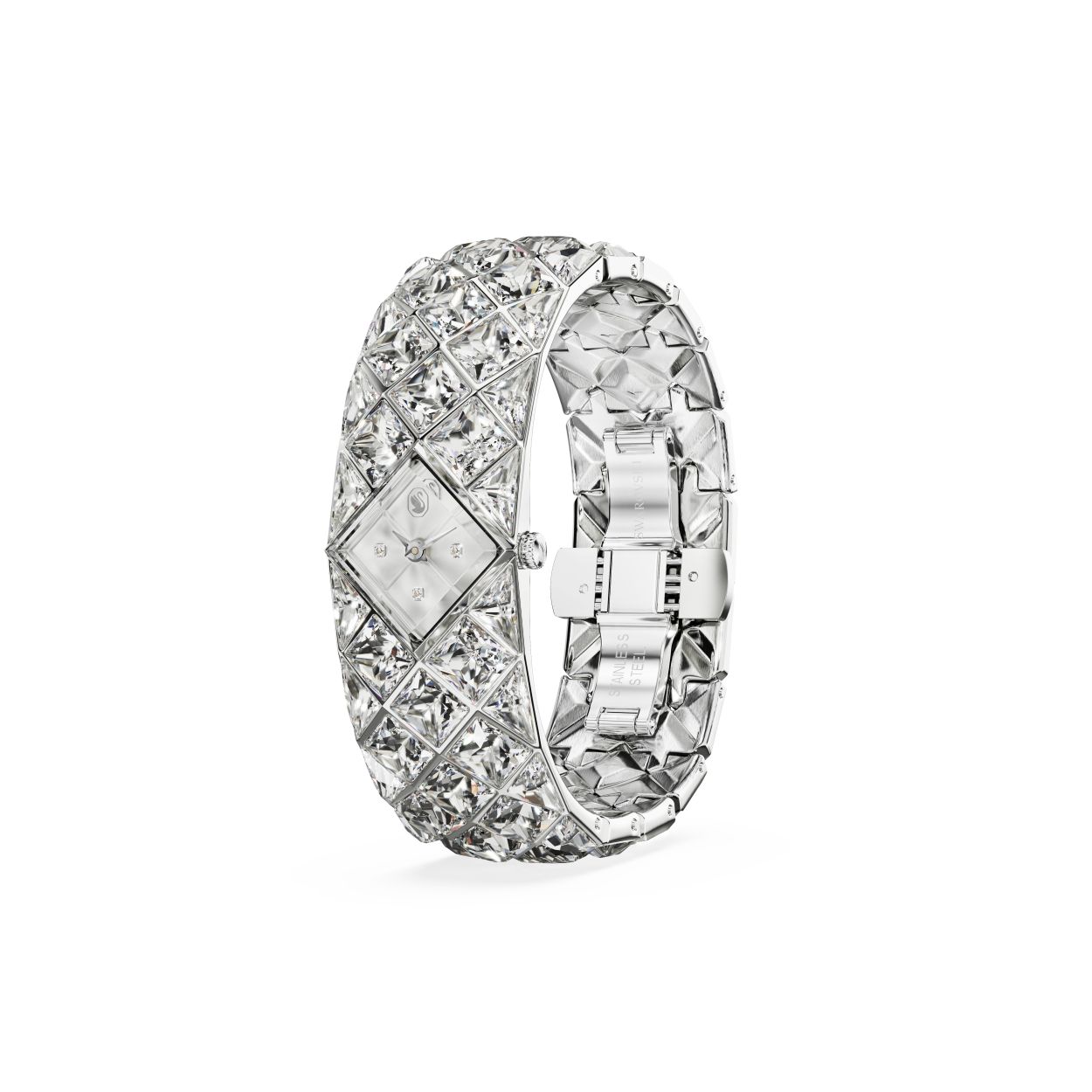 De luxe uitstraling van Curiosa, met in totaal 47 kristallen, komt prachtig tot uiting in dit horloge in armbandstijl, dat het erfgoed en de savoir-faire van Swarovski laat zien. Het edelstalen ontwerp is een eerbetoon aan het vintage-tijdperk, met een kast van 20 mm (b) x 20,5 mm (l) die perfect past in een prachtige armband bezet met kristallen in Triangle- en Fancy-slijpvorm. De wijzerplaat is ook voorzien van kristallen bij de kwartiermarkeringen. Dit horloge is een stralend accessoire voor de meest elegante gelegenheden. Het is waterbestendig tot 50 meter en onthult het iconische zwaanlogo op 12 uur.