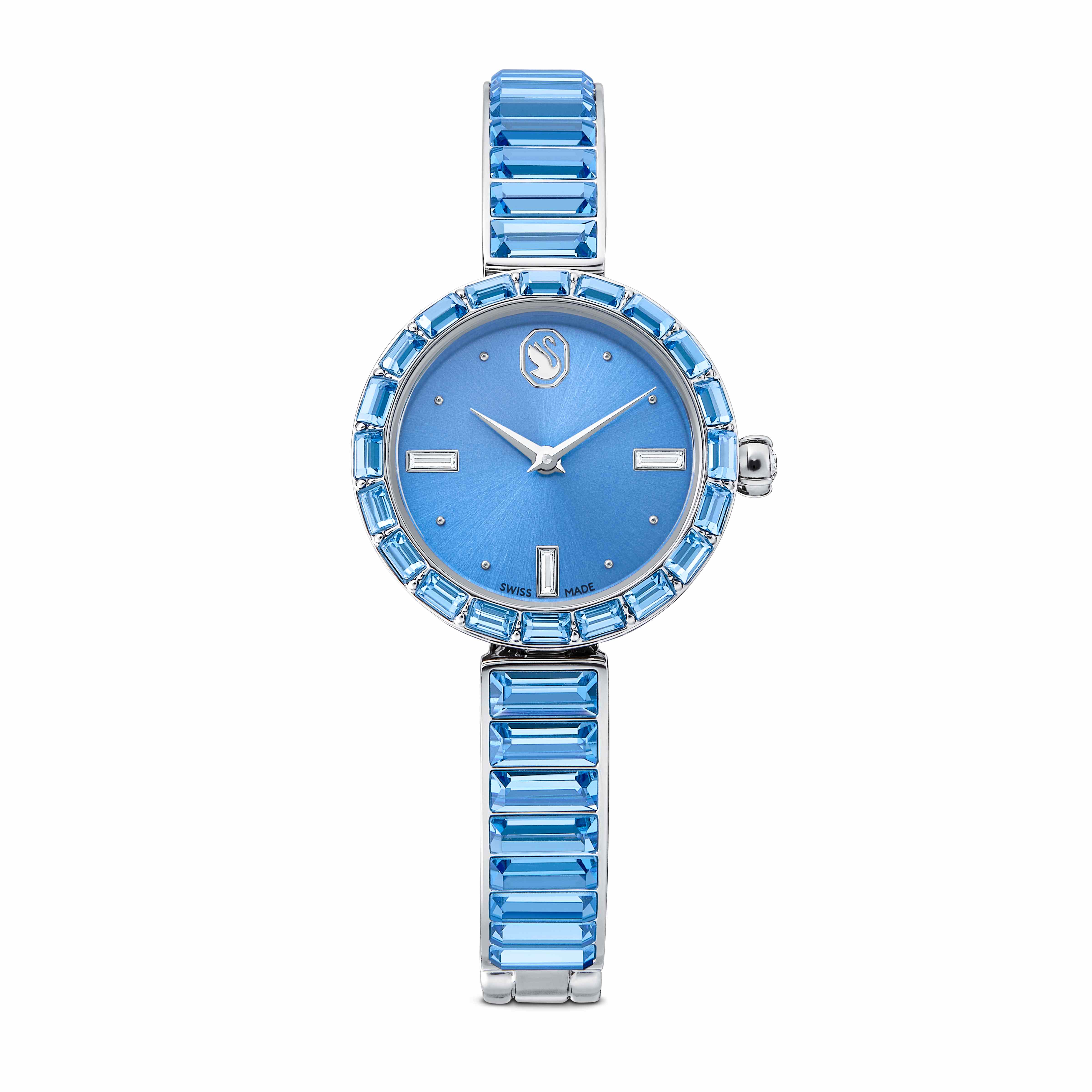 Elegantie wordt versterkt met kristallen in dit beeldschone, op sieraden ge&iuml;nspireerde horloge. Het 25 mm edelstalen ontwerp is omringd door een lunette met 20 blauwe Swarovski ReCreated&trade; kristallen in Baguette-slijpvorm, terwijl een enkel kristal in de kroon is gezet. Kristallen in Baguette-slijpvorm accentueren ook drie uuraanduidingen op de blauwe wijzerplaat, die een zwaanlogo heeft op 12 uur. Rond de pols is de armband in armbandstijl versierd met 16 blauwe Swarovski ReCreated&trade; kristallen in Baguette-slijpvorm en is volledig verstelbaar voor een comfortabele pasvorm. Het Swiss Made-horloge is waterbestendig tot 50 meter en is het ideale accessoire voor een fascinerend stijlverhaal.

Artikelnr.: 5730172
Collectie:  Matrix
Grootte van de kast: 25 x 25 mm
Dikte van de kast: 7 mm
Draaglengte band (minimaal - maximaal): 13 - 19 cm
Bandbreedte: 0.9 cm
Materiaal:  Kristallen, Roestvrij staal
Kleur:  Blauw
Type sluiting:  Vouwbare sluiting
Materiaal van de band:  Metaal
Gemaakt in:  Zwitserland
Mechanisme:  Kwarts