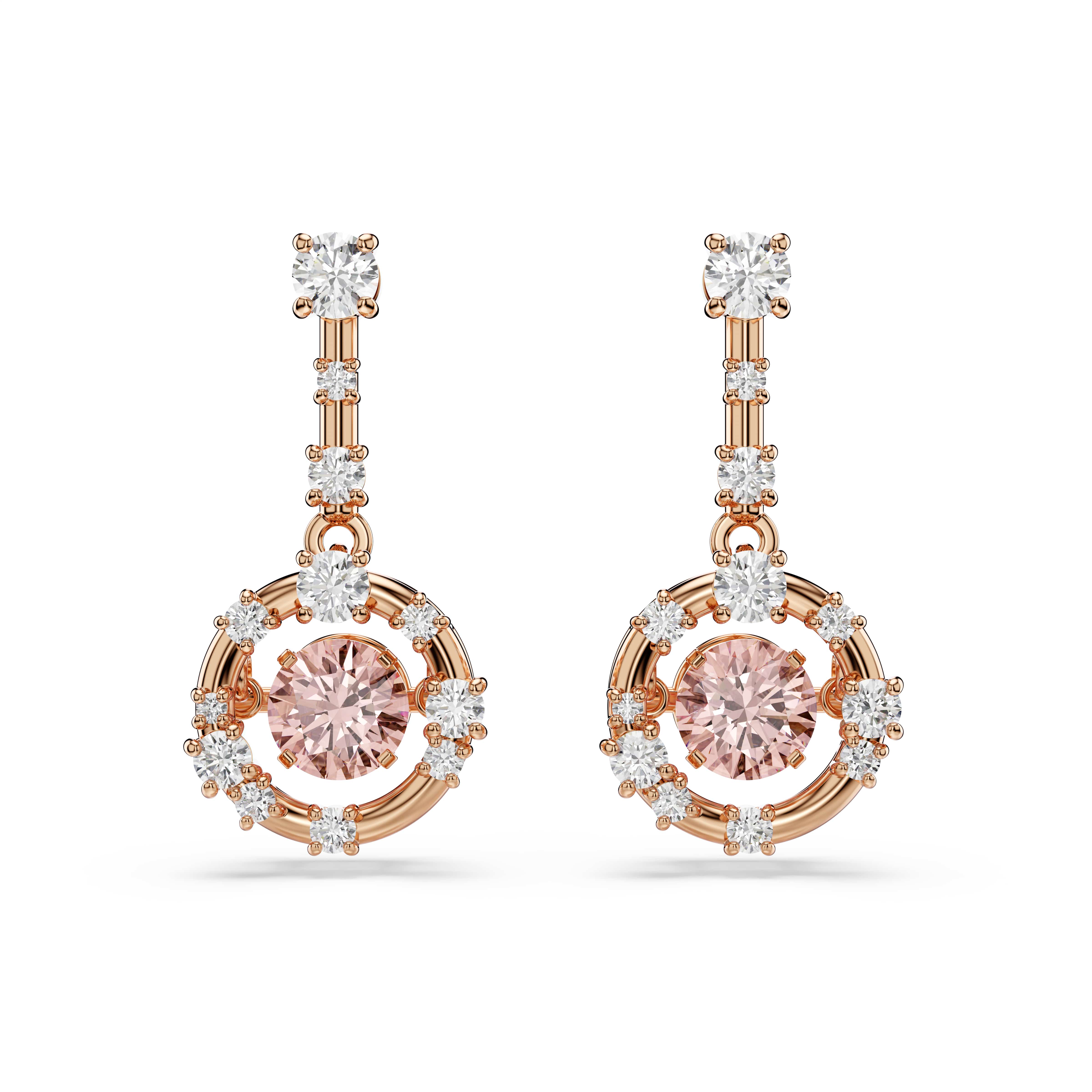 Deze op sterren ge&iuml;nspireerde oorbellen zijn vervaardigd voor maximale schittering en laten elke outfit stralen. Elk sieraad met ros&eacute;goudkleurige toplaag heeft een roze dancing stone in het midden, die zorgt voor eindeloze weerkaatsingen, terwijl kleinere Swarovski Zirkonia rond de metalen frames en staafjes zijn geplaatst. Draag ze met de bijpassende hanger en bereik de sterren met uw stijl.