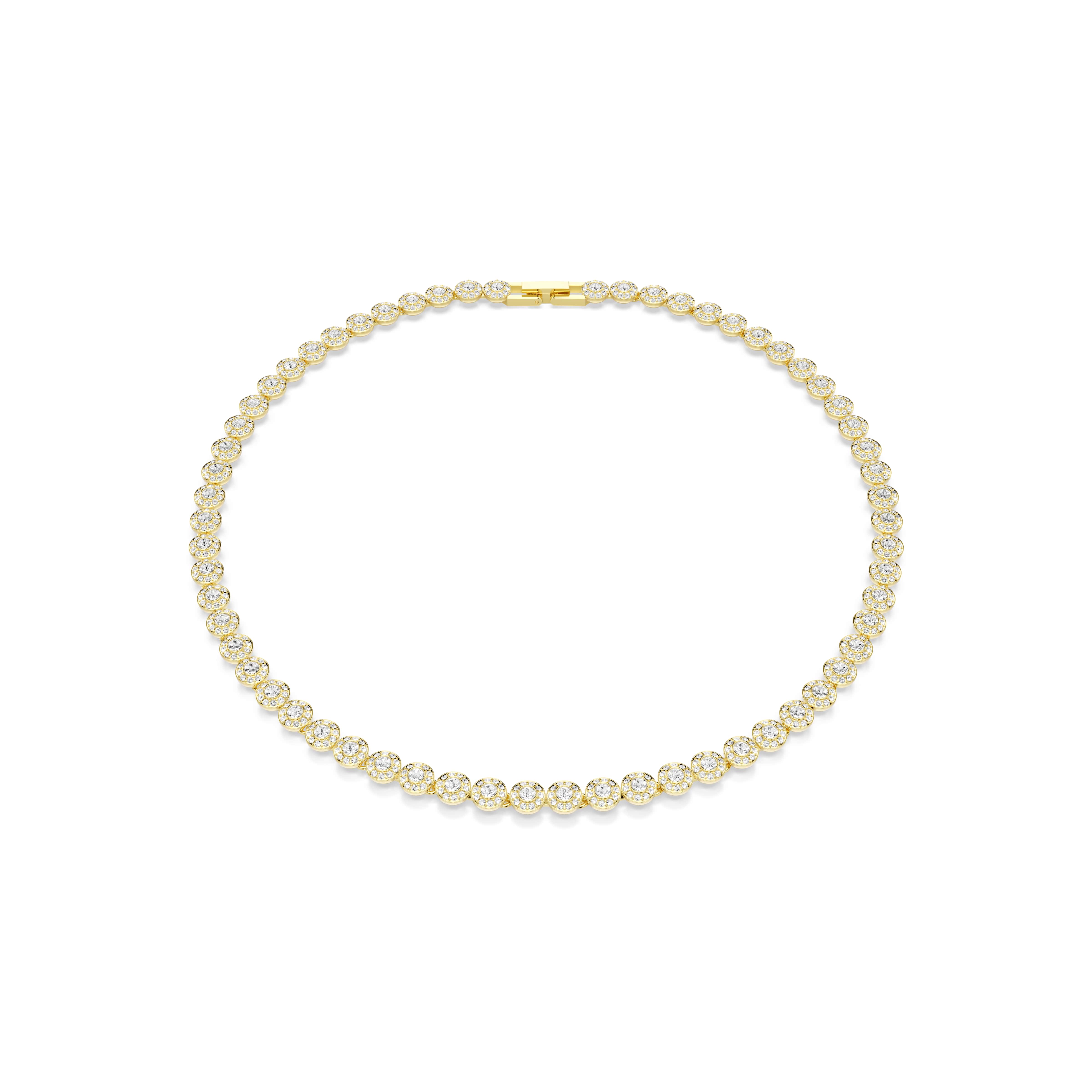 Deze schitterende Una-ketting, een van Swarovski&rsquo;s meest geliefde silhouetten, straalt tijdloze verfijning uit. Het ontwerp met goudkleurige toplaag is volledig omgeven door grote kristallen in Round-slijpvorm, elk omlijst door een halo van heldere pav&eacute;. De vouwsluiting zorgt voor een naadloze sluiting, terwijl de extra extender betekent dat u het sieraad kunt aanpassen voor zowel comfort als maat. Een perfecte manier om de glamour in uw styling zowel overdag als &lsquo;s nachts te accentueren.