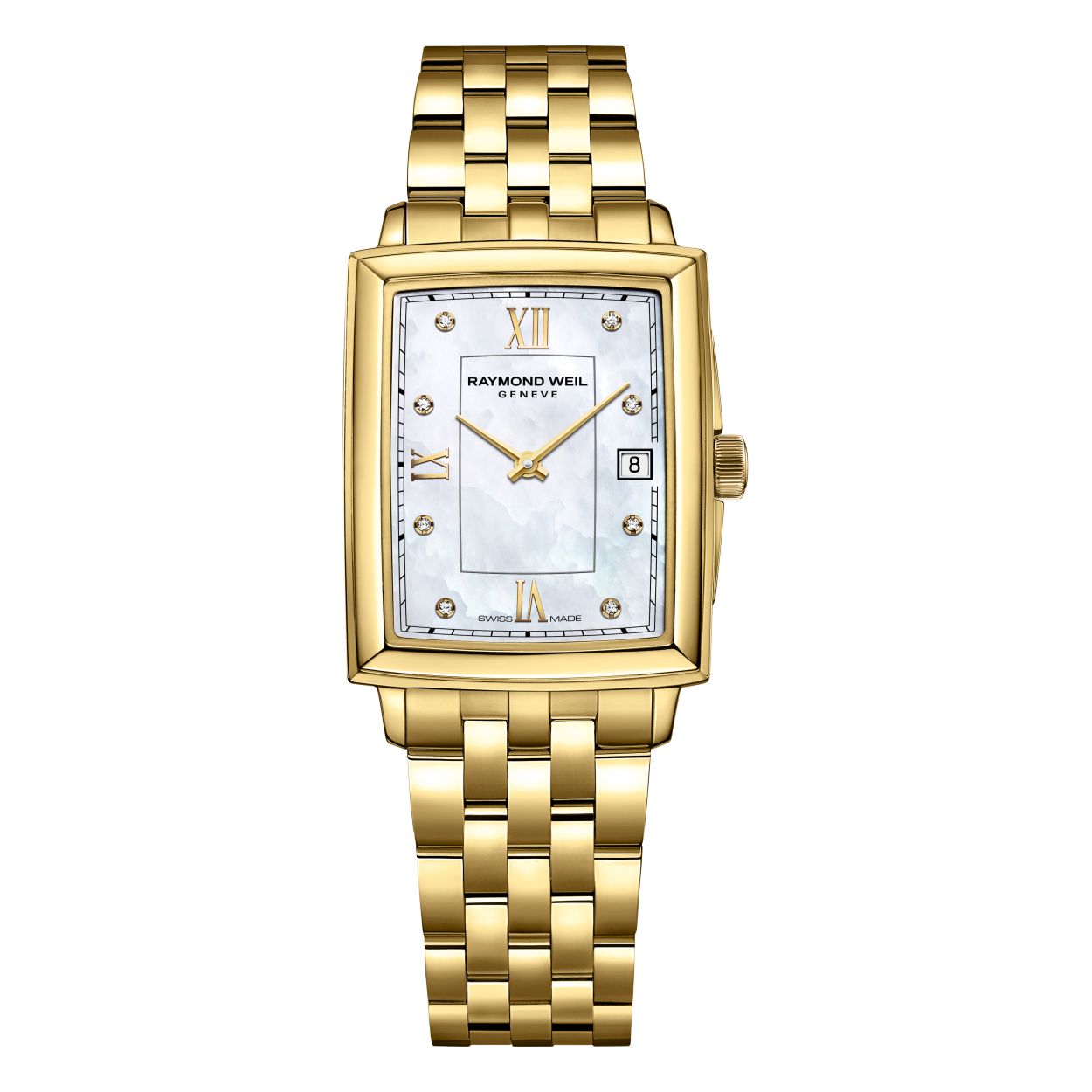 Dames Horloge met rechthoekige kast, parelmoer geborstelde wijzerplaat en goudkleurige roestvrij stalen schakelband.