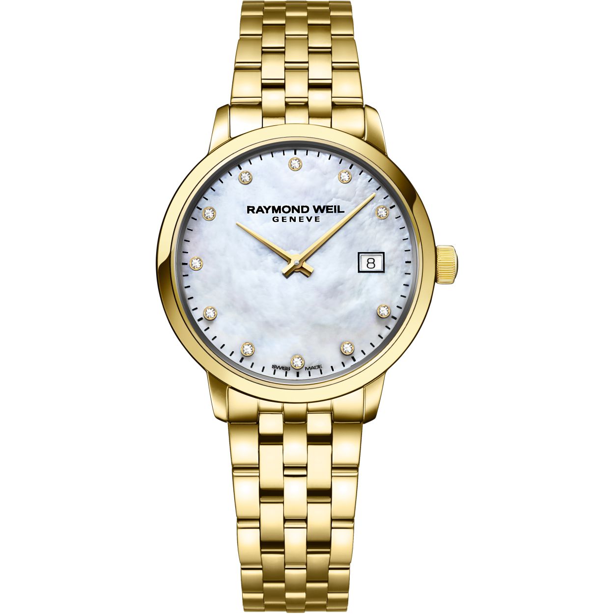 Dit prachtige elegante dameshorloge uit de Toccata lijn van Raymond Weil is 29mm, heeft een parelmoer wijzerplaat en is 5ATM. De wijzerplaat is bezet met 11 diamanten, TW/SI2 tot SI1 0.036ct.