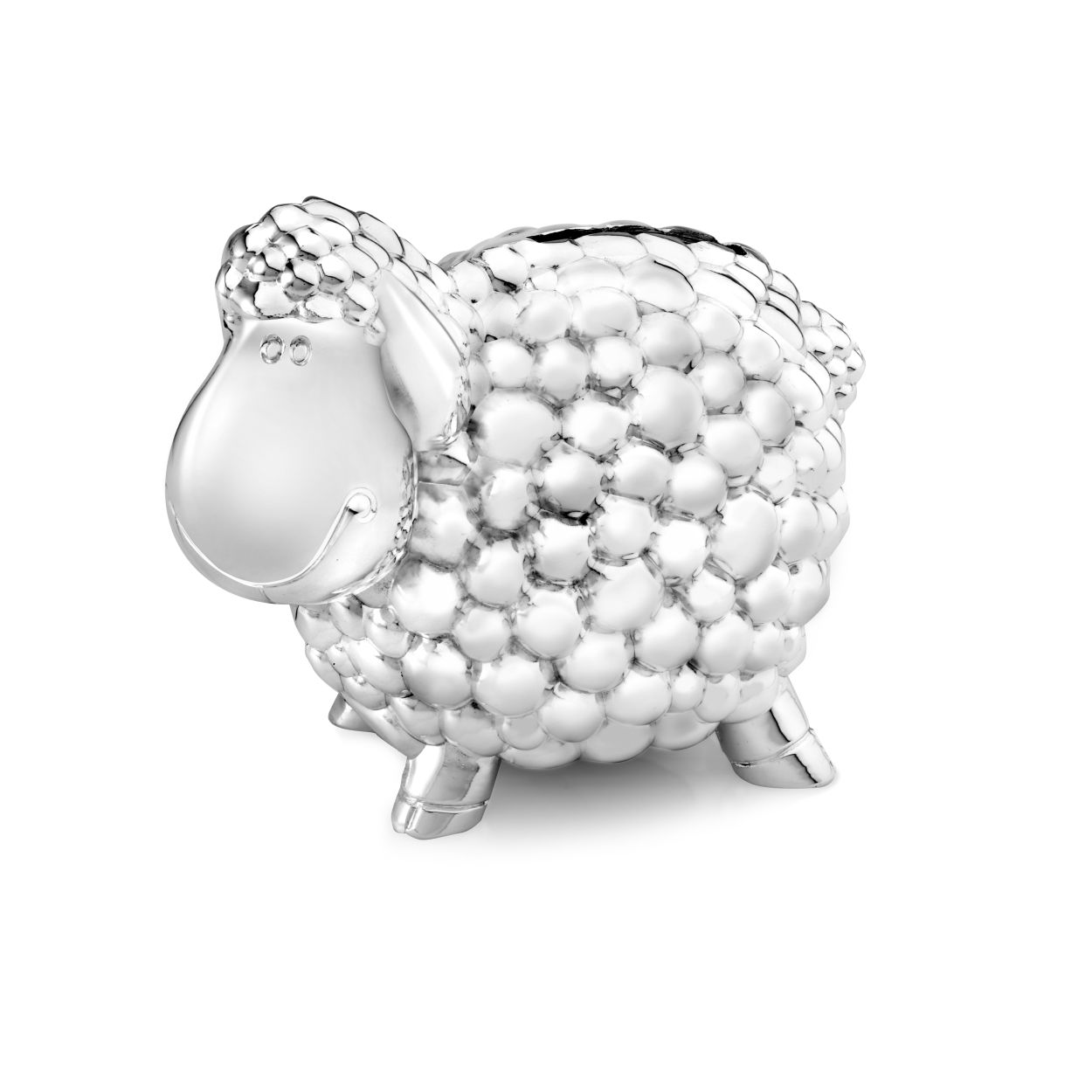 Een mooie verzilverde spaarpot in de vorm van een schaap. De afmetingen zijn 11.5x7x8.5 centimeter. In dit schaap passen dus heel wat centjes.