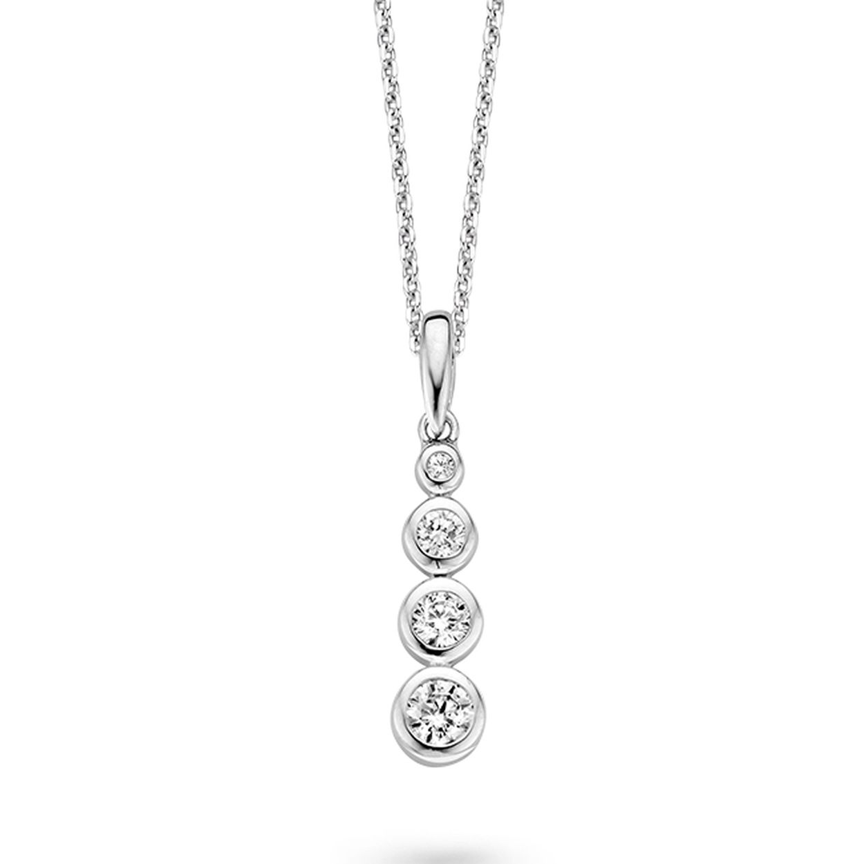 Zilveren hanger met vier zirkonia's, gezet in een ronde zetkast, met collier