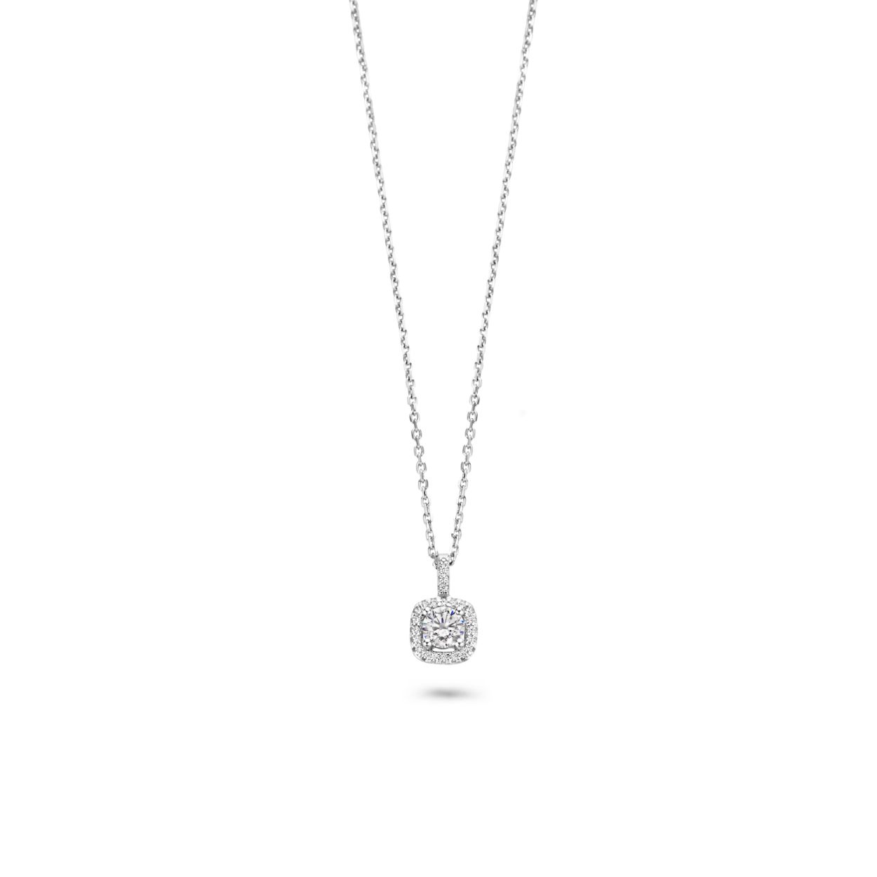 Zilveren collier met hanger; vierkante zirkonia met kleine zirkonia's eromheen