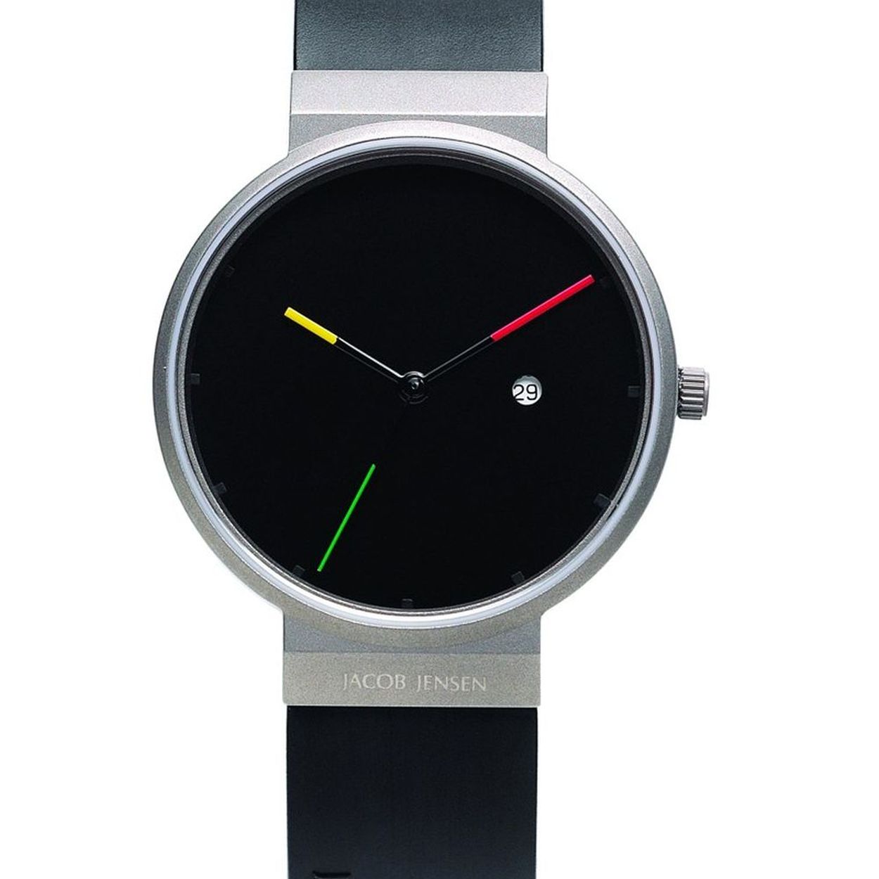 Dit Jacob Jensen horloge is een van de bekendste ontwerpen uit de horloge geschiedenis van dit merk. Titanium behuizing en daarmee zeer licht van gewicht en de gekleurde wijzers zijn kenmerkend voor dit model.
