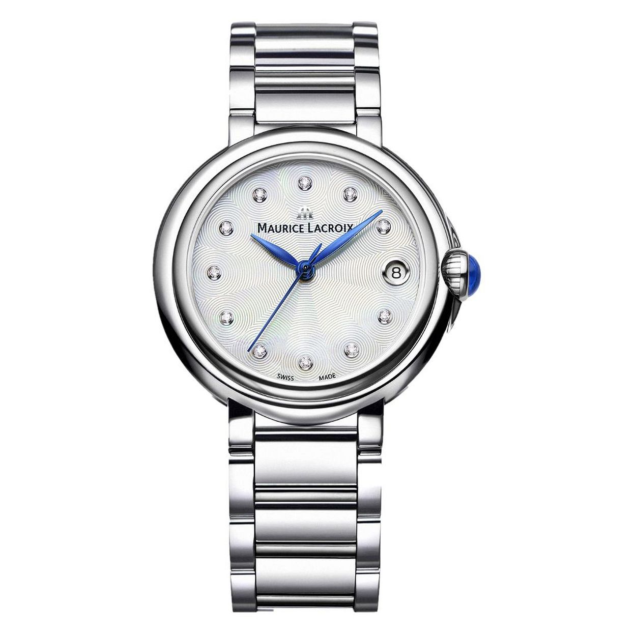 - wijzerplaat: wit parelmoer met echte diamant (Ø 1,1 mm, SI, Wesselton, 0,05 ct)
- band: edelstaal zilverkleurig
- wijzerplaat zilver met zwarte echte diamanten
- glas is zeer krasvast
- handige onzichtbare klep sluiting
- datum
- quartz
- maat kast: 32mm (breedte), 9mm (dikte)