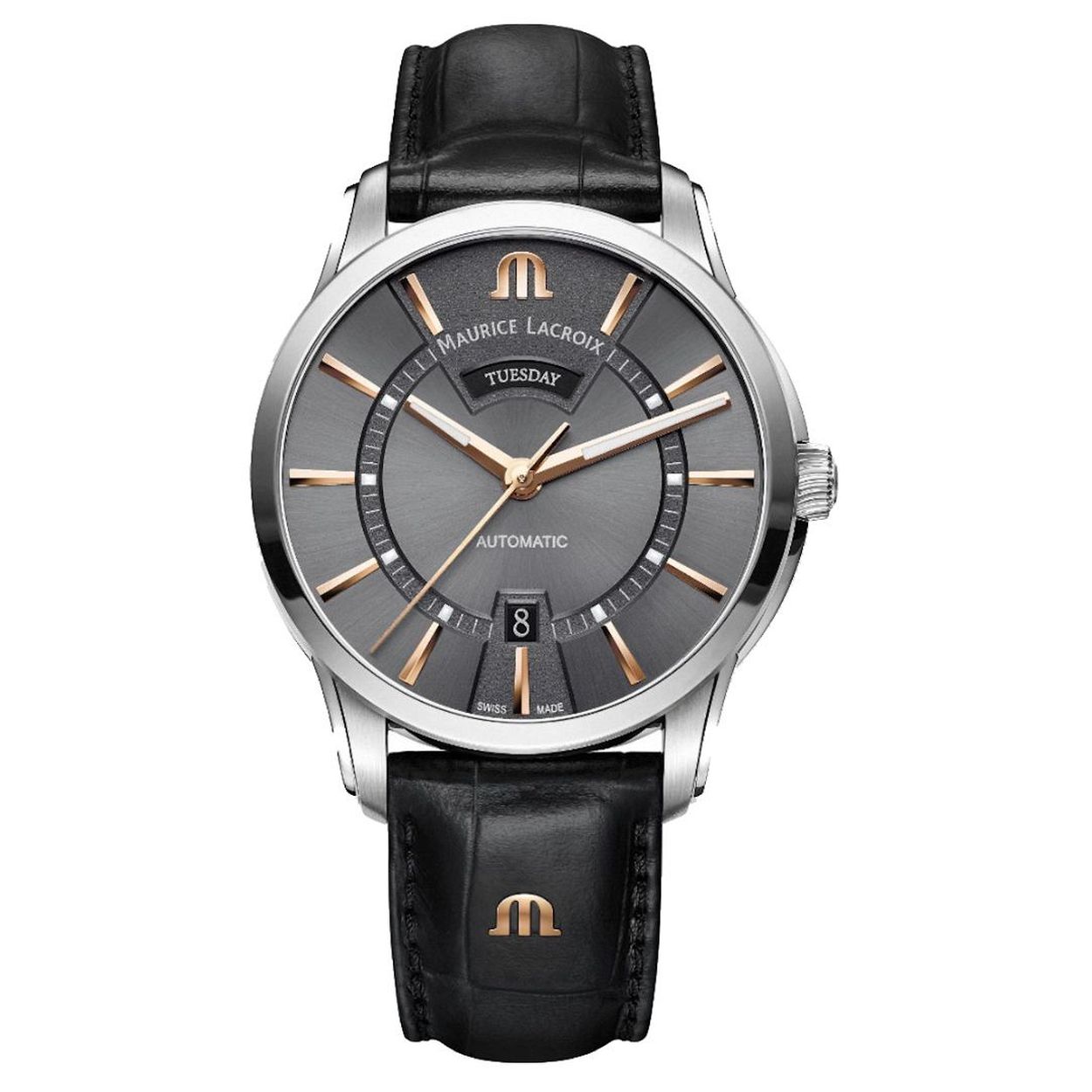 Dit horloge is van het merk Maurice Lacroix. Het is een analoog horloge met een band gemaakt van leer.De diameter van de kast is41 mm.
De verdere specificaties van het horloge zijn als volgt:
Glassoort: saffier
Kastmateriaal: edelstaal
Techniek: automatisch
Kastkleur: zilver
Kastvorm: rond
Wijzerplaatkleur: zwart
Bandkleur: zwart
