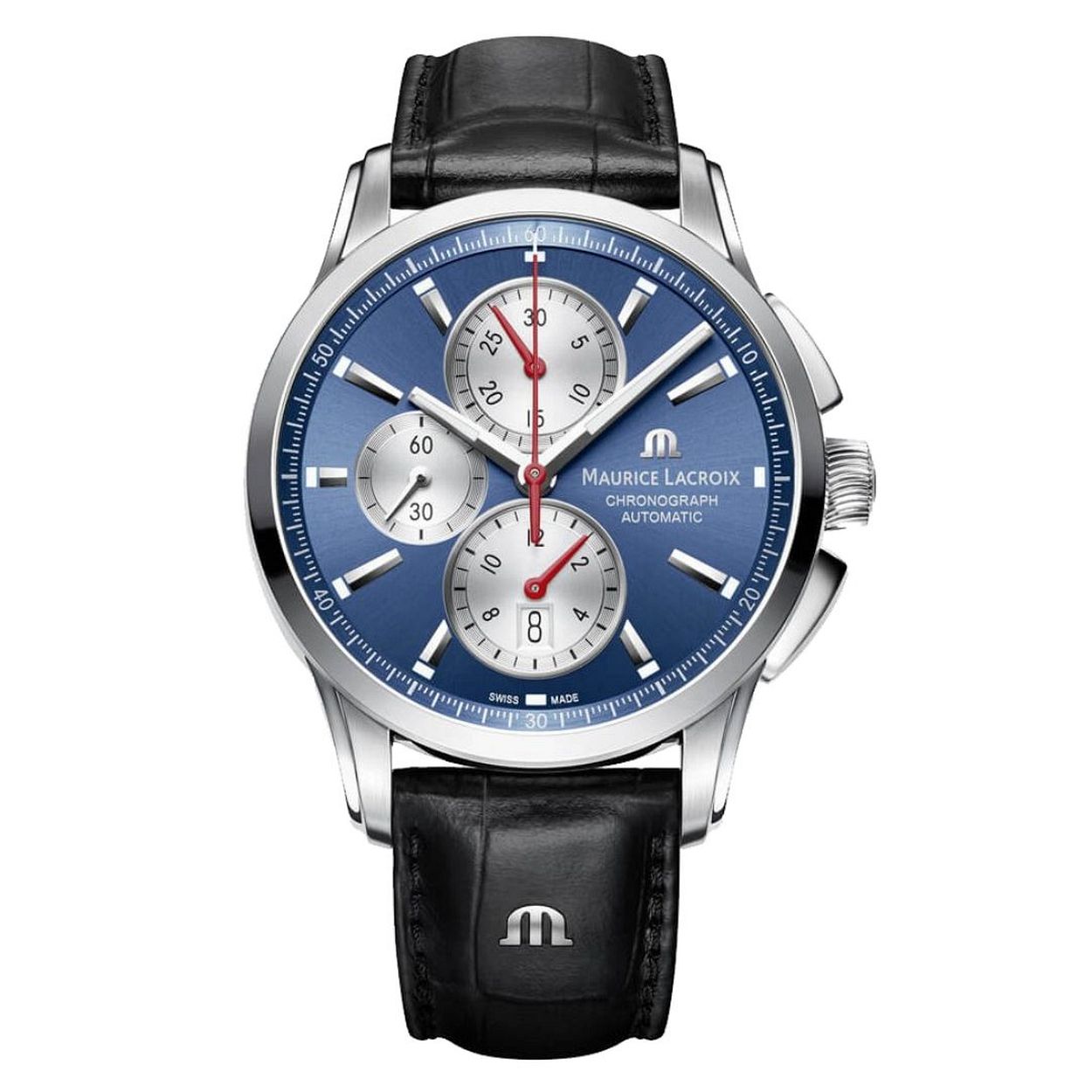 Dit is een horloge van het merk Maurice Lacroix.
De specificaties zijn als volgt:

Kast
- Kast maat: 43 mm
- Kast materiaal: edelstaal
- Kast kleur: zilver
- Kastvorm: rond
- Glas type: Saffierglas met dubbele antireflectiecoating
- Waterdicht: 10 ATM/BAR


Wijzerplaat
- Wijzerplaat: blauw met zilverkleurige index 
- patroon: Sun brushed
- Lichtfunctie: wit super-luminova (wijzers en index)


Band
- Band: echt leer zwart
- Sluiting band: vouwsluiting


Uurwerk ML112
- Functies: chronograaf/stopwatch (met 12 uurs aanduiding)
- Energiebron uurwerk: automaat (zelfopwindend)
- Tikgetal 28.800 Per uur (4 Hz)
- Gangreserve 48 uur  




Overig
- EAN: 7630020607144