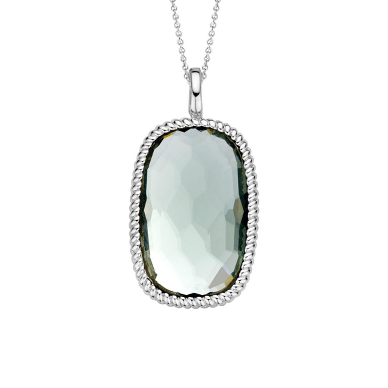 Schitterend elegant. Deze grijsblauwe rechthoekig gefacetteerde steen is met veel zorg omhuld door gevlochten zilver. Draag haar alleen of maak je look af door te combineren met andere pendanten.