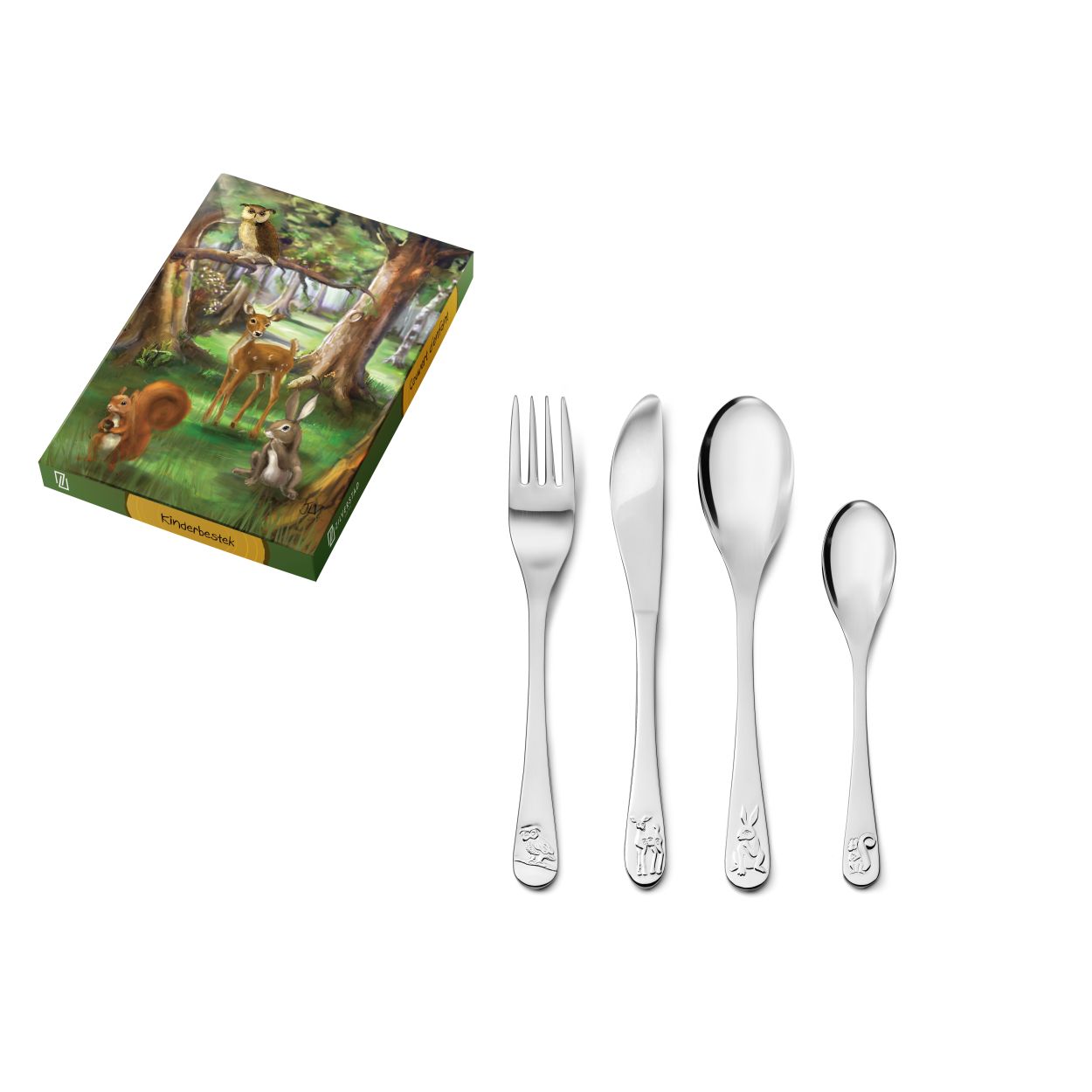 Deze lieve bosdieren maken eten nog leuker voor dierenliefhebbers. Op het bestek staan een hert, eekhoorn, haas en een uil afgebeeld. Verpakt in een mooie geschenkverpakking. Het bestek kan in de vaatwasser en de bestekonderdelen kunnen worden gegraveerd.

Kindervork: 170 mm
Kindermesje: 179 mm
Kinderlepel: 170 mm
Paplepel: 135 mm