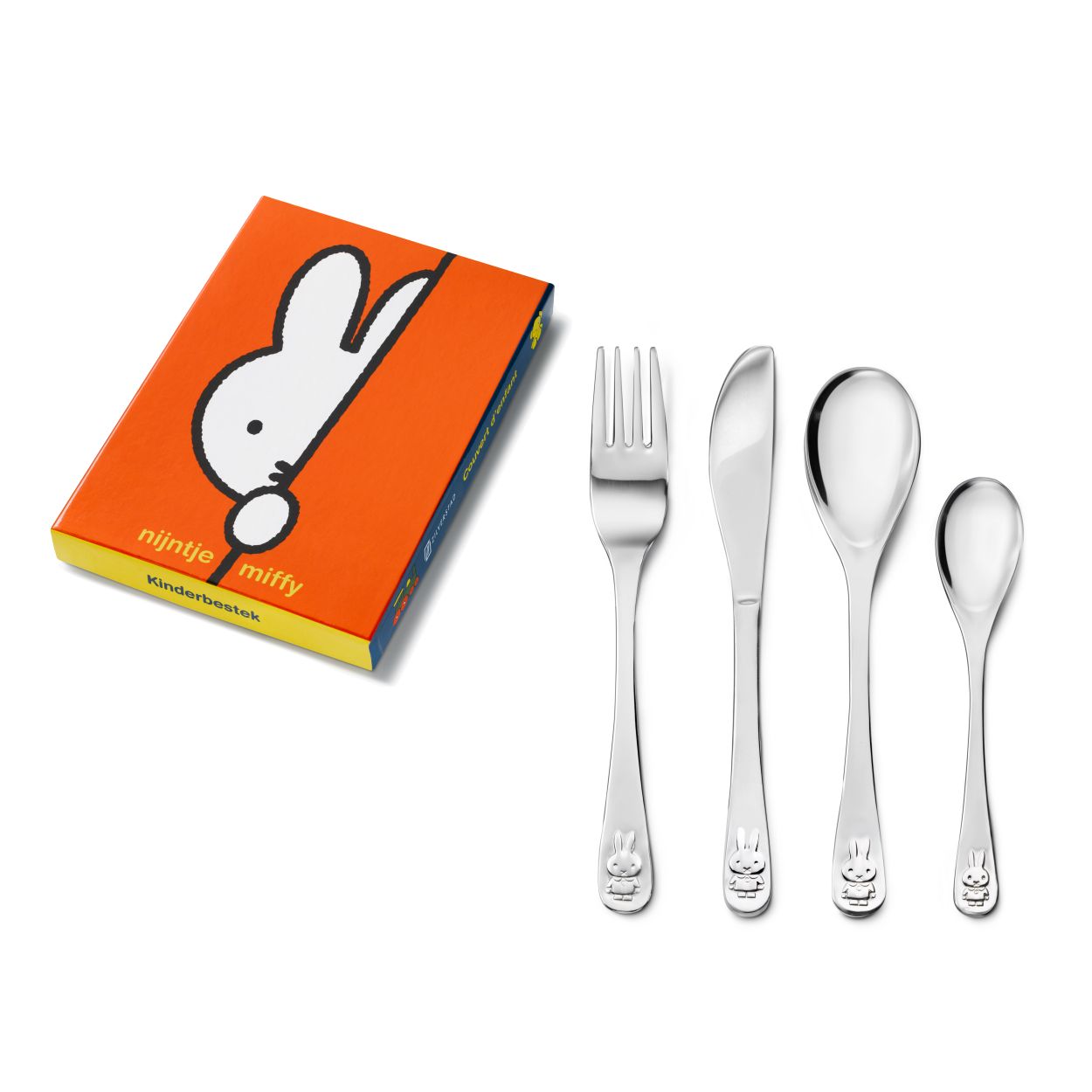 Populaire 4-delige bestekset van het wereldberoemde konijntje nijntje, getekend door Dick Bruna. Op ieder bestekonderdeel staat de afbeelding van nijntje. Omdat het bestek is vervaardigd uit 18/10 RVS kan het in de vaatwasser. De bestekonderdelen kunnen worden gegraveerd.

Kindervork: 170 mm
Kindermesje: 179 mm
Kinderlepel: 170 mm
Paplepel: 135 mm