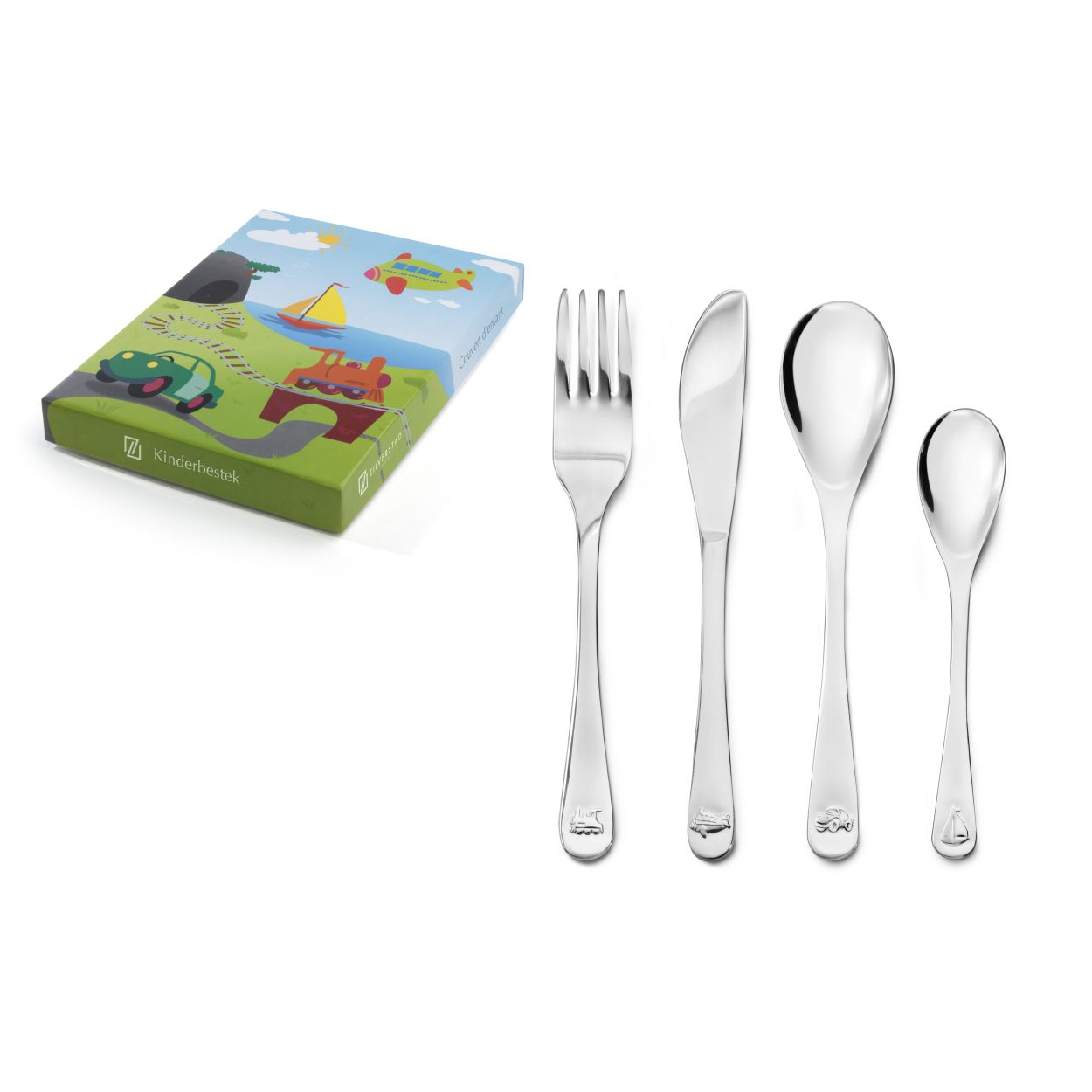 4-delig bestek set met het thema voertuigen, gemaakt van edelstaal, vaatwasser bestendig. Mooi geboorte geschenk.