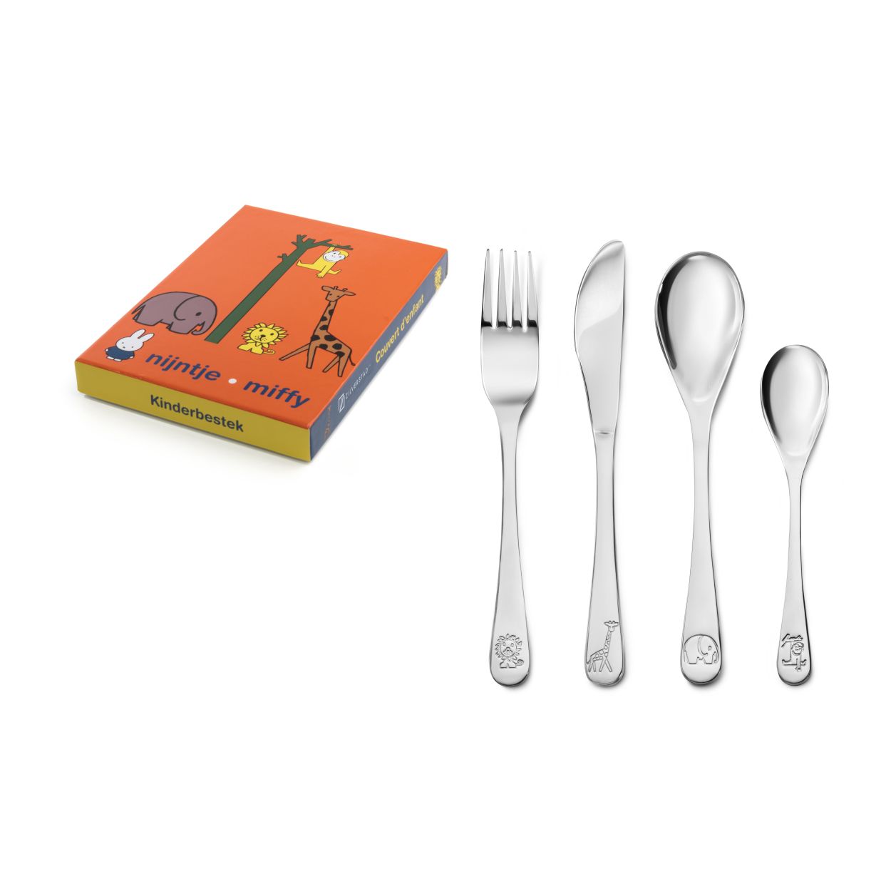 Zilverstad dierentuin nijntje/dick bruna kinderbestek, rvs 4-delig, met mooie geschenkendoos. Deze 4 delige set bestaande uit een mes, lepel, vork, en dessertlepel is van edelstaal en vaatwasmachinebestendig. Incl gravure (machinaal).