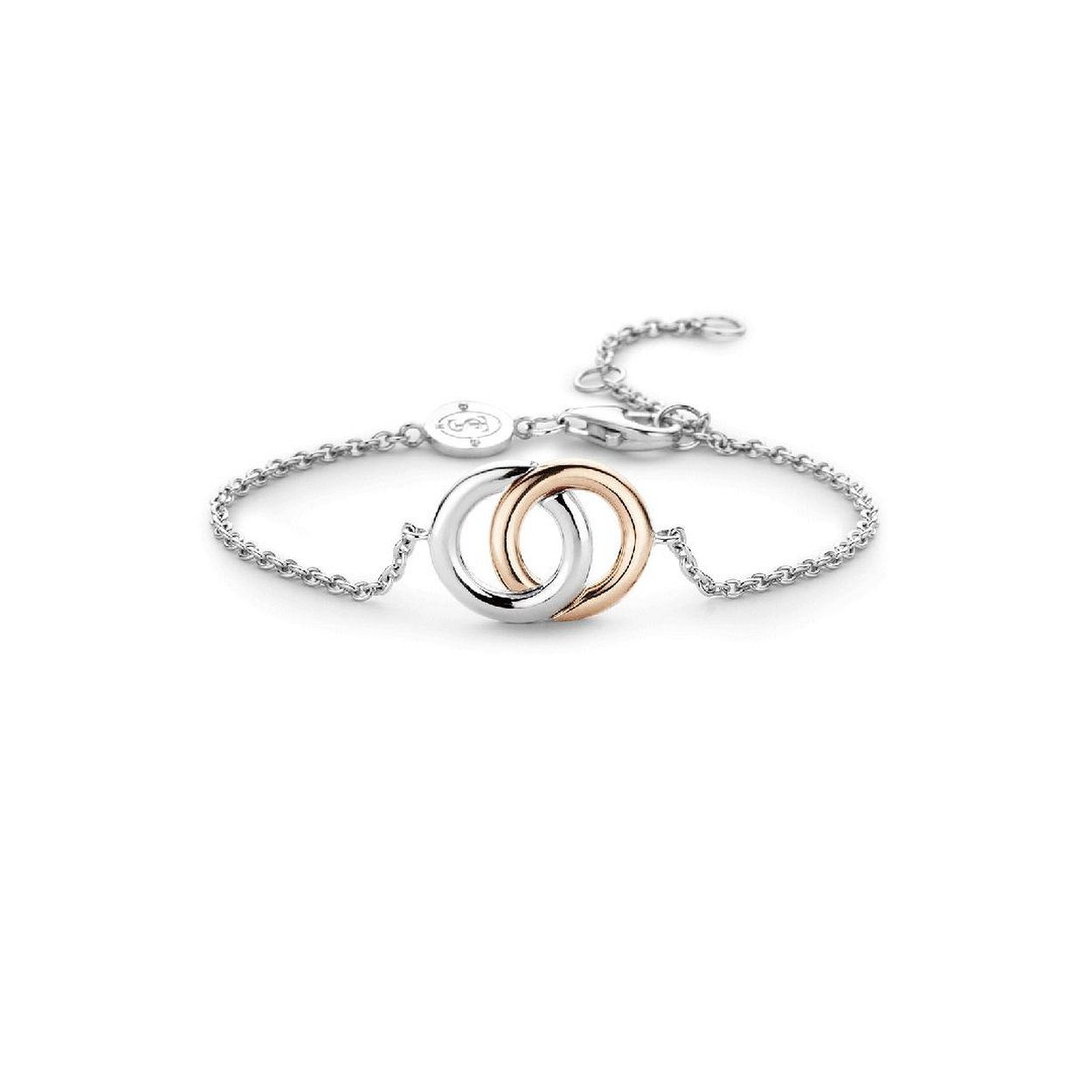 TI SENTO - Milano armband van gerhodineerd zilver met ros&eacute; plated laag. In het midden van de armband zijn twee cirkels met elkaar verbonden, waardoor het een perfecte vriendschapsarmband is. De armband heeft een extensie zodat je het op de gewenste lengte kunt afstellen.