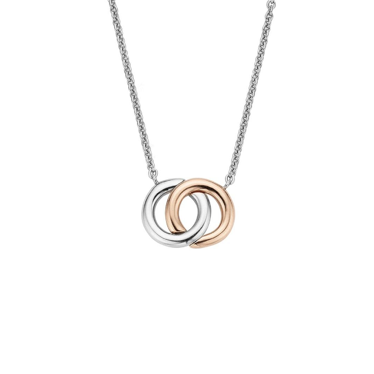 Deze TI SENTO - Milano ketting heeft twee cirkels die door elkaar heen lopen. Een van de cirkels is voorzien van een 18k rose gouden plating. De ketting is gemaakt van gerhodineerd sterling zilver. De rhodiumlaag zorgt voor een langdurige glans en bescherming van het sieraad. De ketting heeft een extensie bij de sluiting waardoor je het op jouw gewenste lengte kunt dragen.