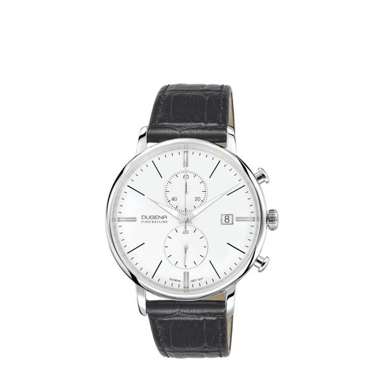 Die Festa Chrono Dugena Herrenuhr, besticht durch ihr elegantes Design aus Edelstahl mit einem schwarzen Armband und einem Geh&auml;use aus Saphirglas. Wasserdicht bis 5 ATM, verf&uuml;gt sie &uuml;ber eine Datumsfunktion und besticht mit einer Geh&auml;usegr&ouml;&szlig;e von 40,5 mm. Ideal f&uuml;r jeden Anlass und unkompliziert mit formellen oder legeren Outfits kombinierbar. Neu!